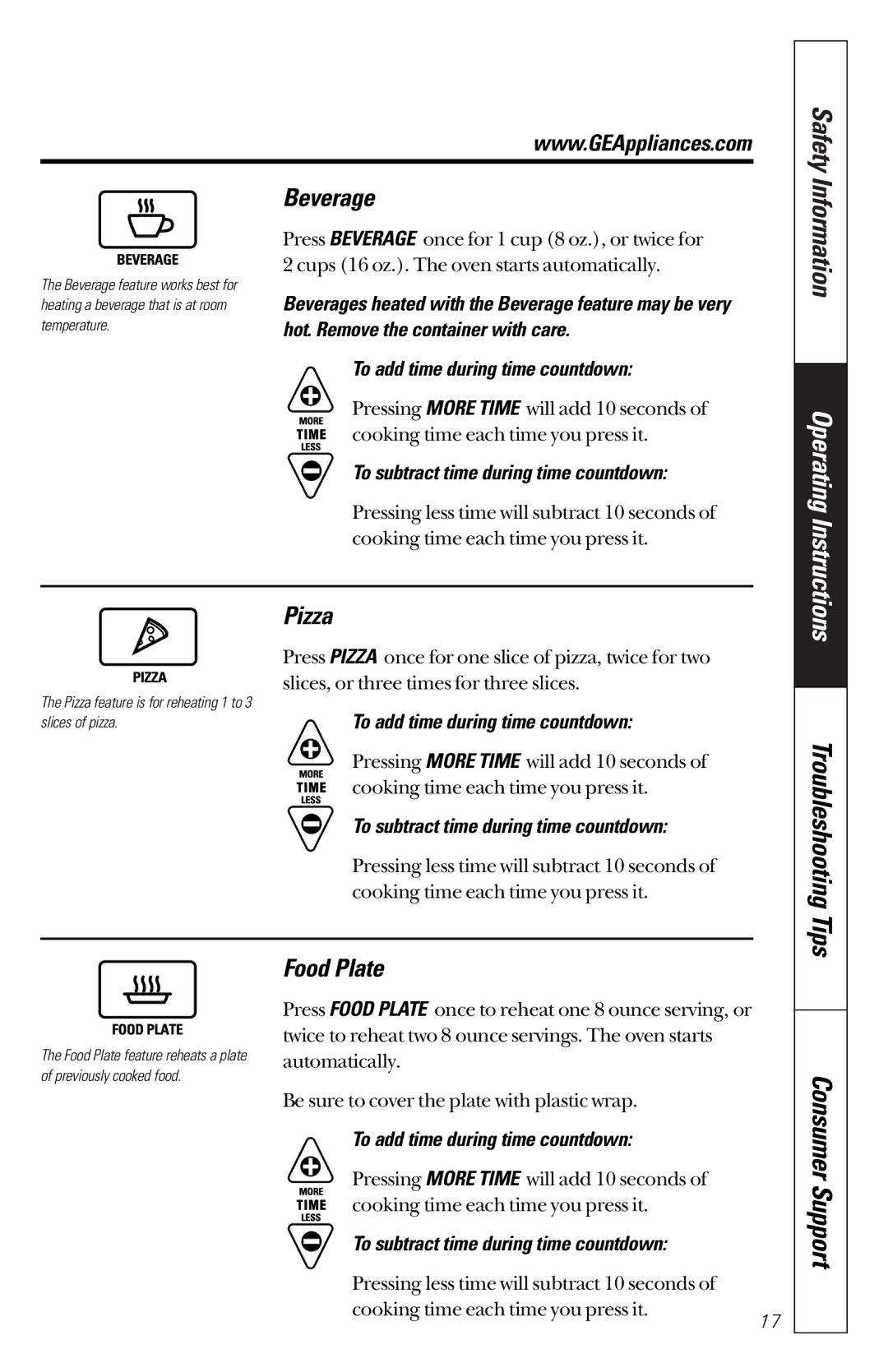 GE JES1133WD owner manual Beverage, Pizza, Food Plate, Troubleshooting Tips 