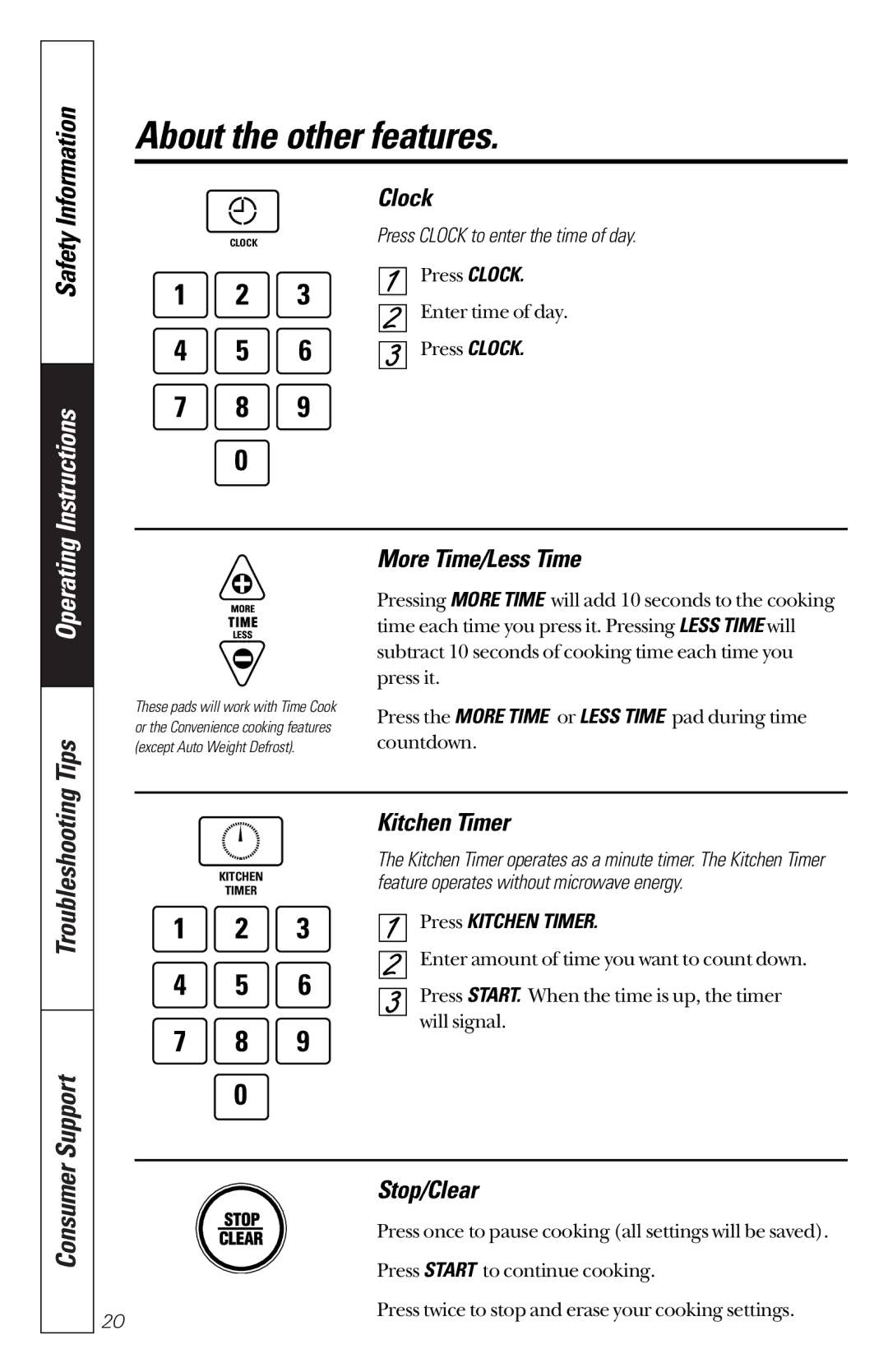 GE JES1133WD owner manual About the other features, Clock, More Time/Less Time, Kitchen Timer, Stop/Clear 