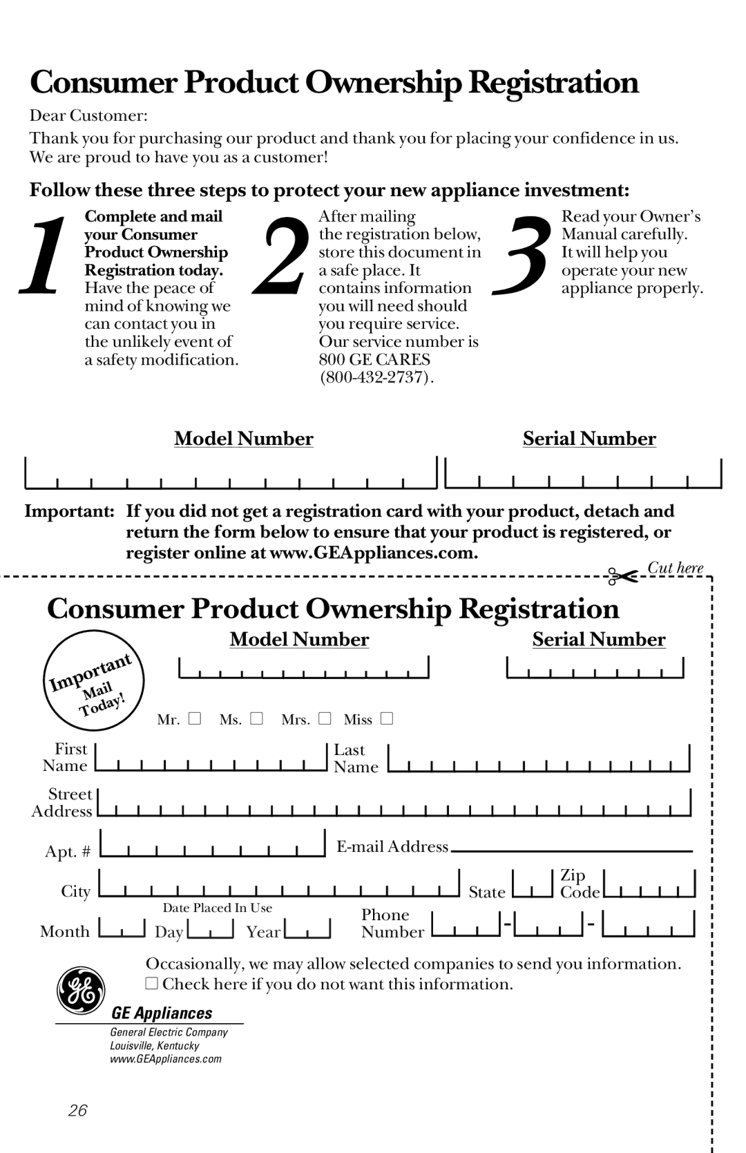 GE JES1133WD owner manual Consumer Product Ownership Registration, GE Appliances 