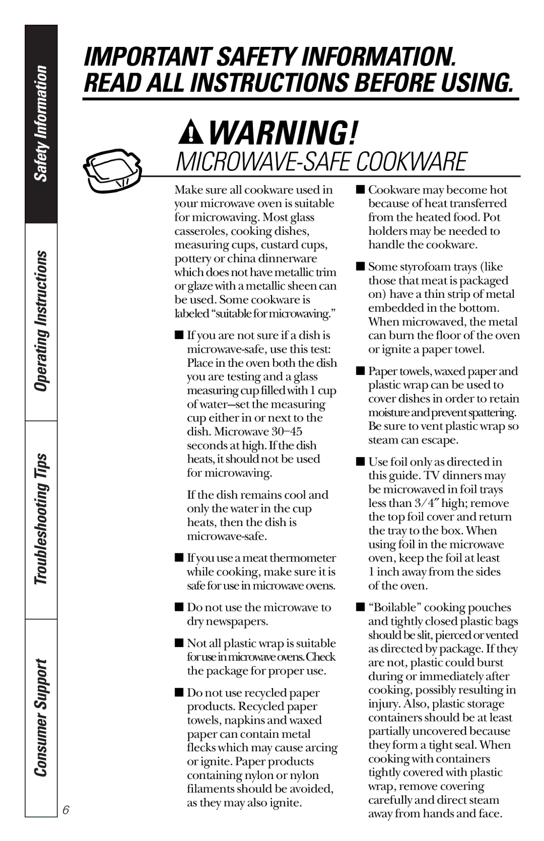 GE JES1133WD owner manual MICROWAVE-SAFE Cookware 