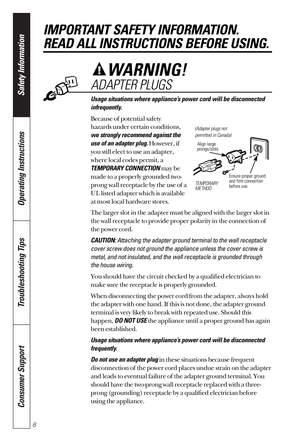 GE JES1133WD owner manual Adapter Plugs, Infrequently 