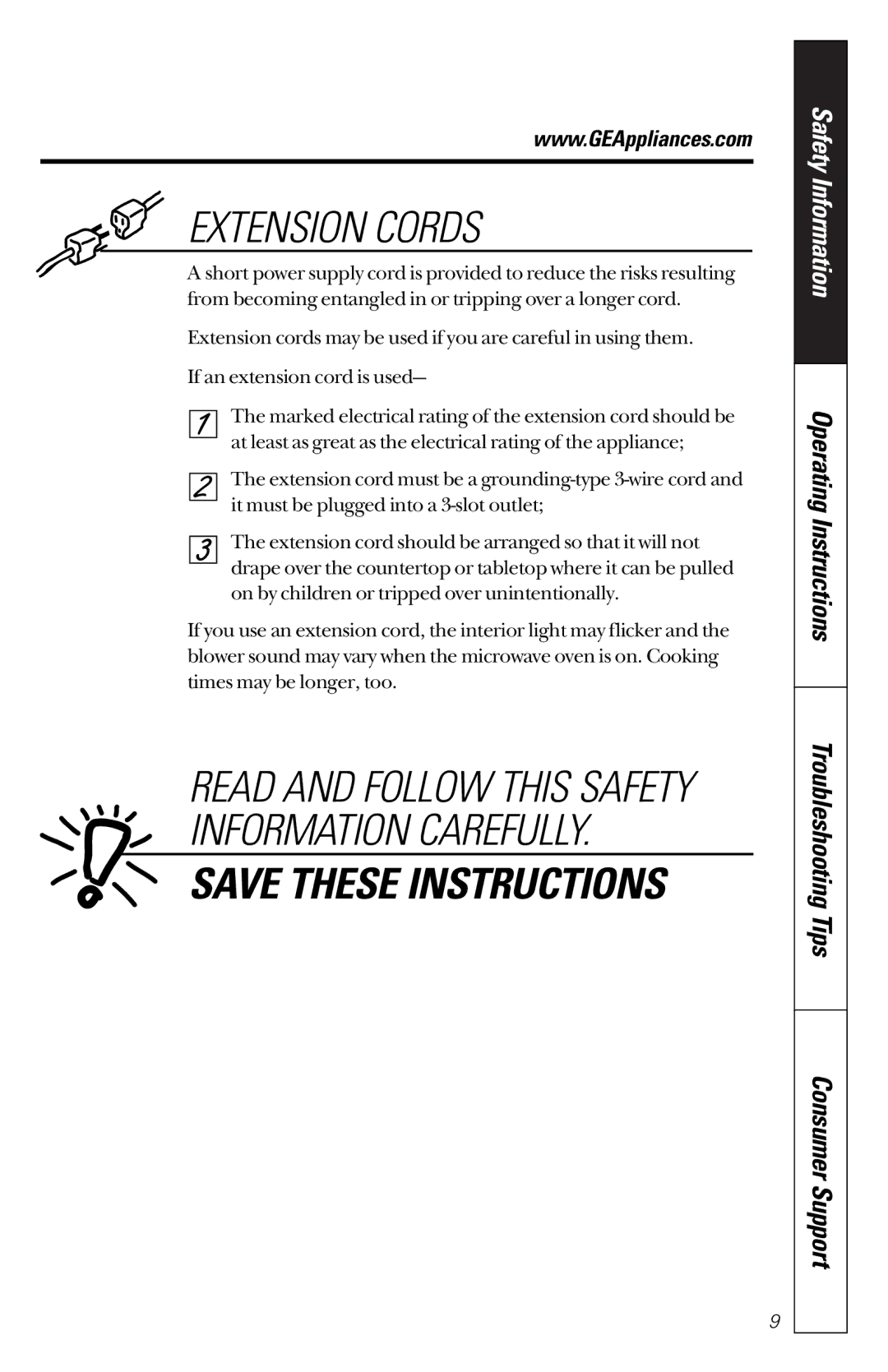 GE JES1133WD owner manual Extension Cords 