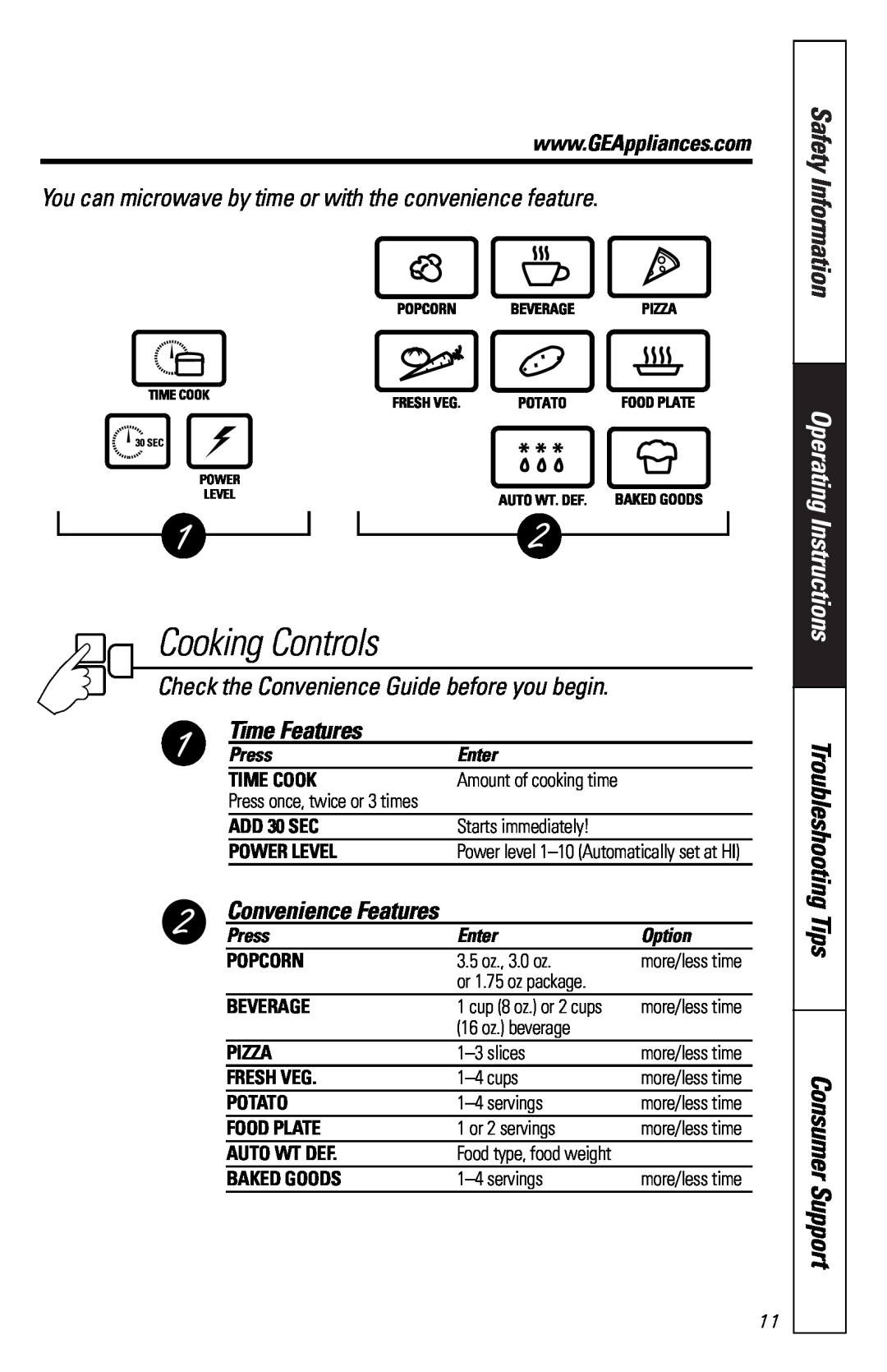 GE JES1133WD Cooking Controls, You can microwave by time or with the convenience feature, Time Features, Press, Enter 