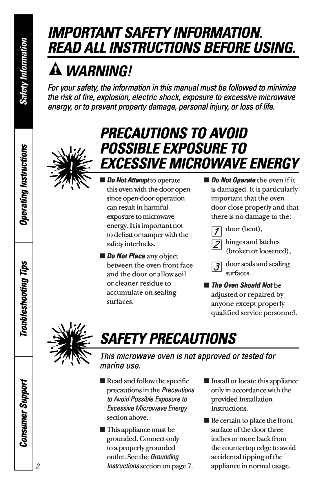 GE JES1133WD Precautions To Avoid, Safety Precautions, Possible Exposure To Excessive Microwave Energy, Safety Information 