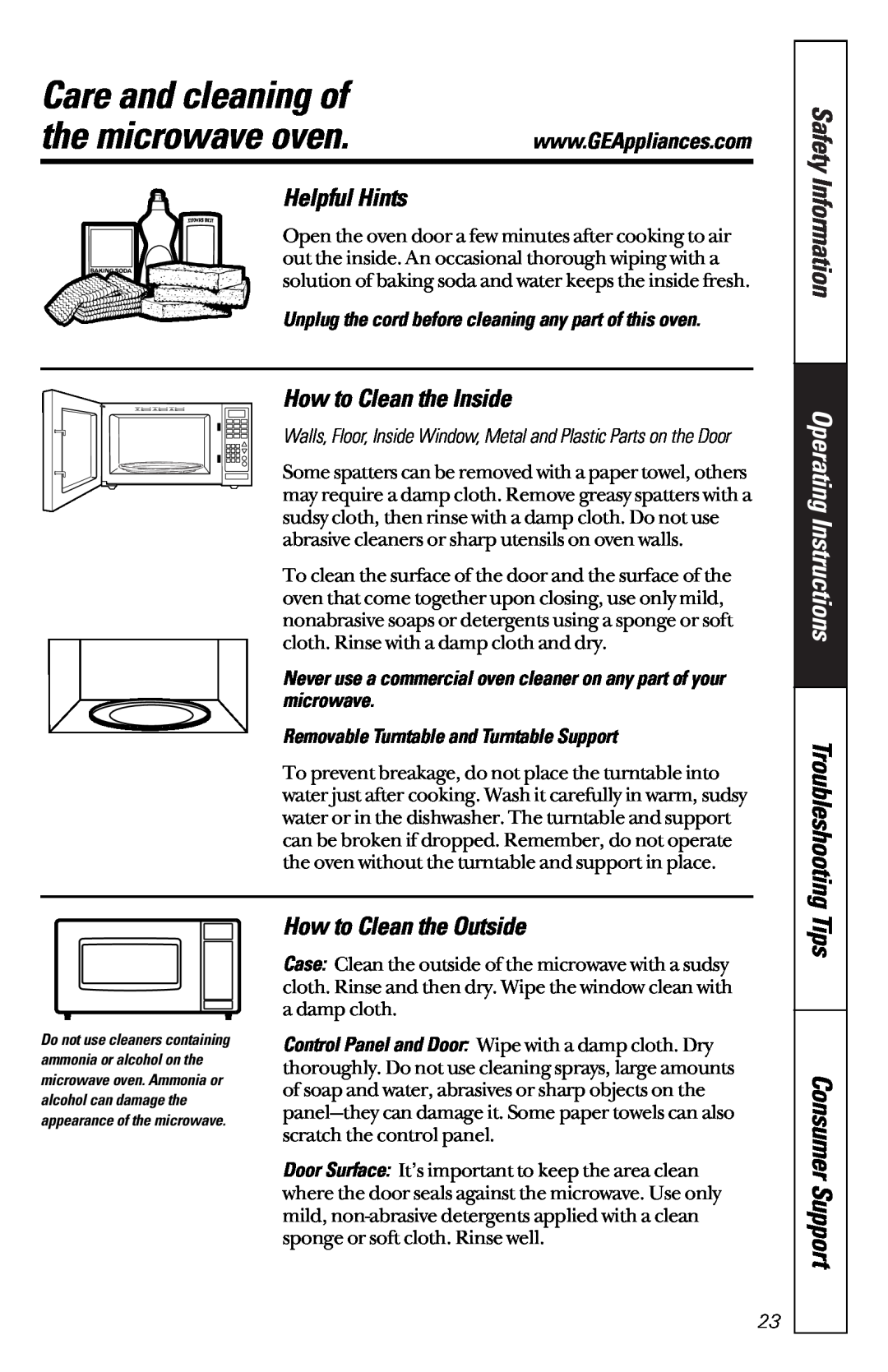 GE JES1133WD Care and cleaning of, the microwave oven, Tips, Helpful Hints, How to Clean the Inside, Troubleshooting 