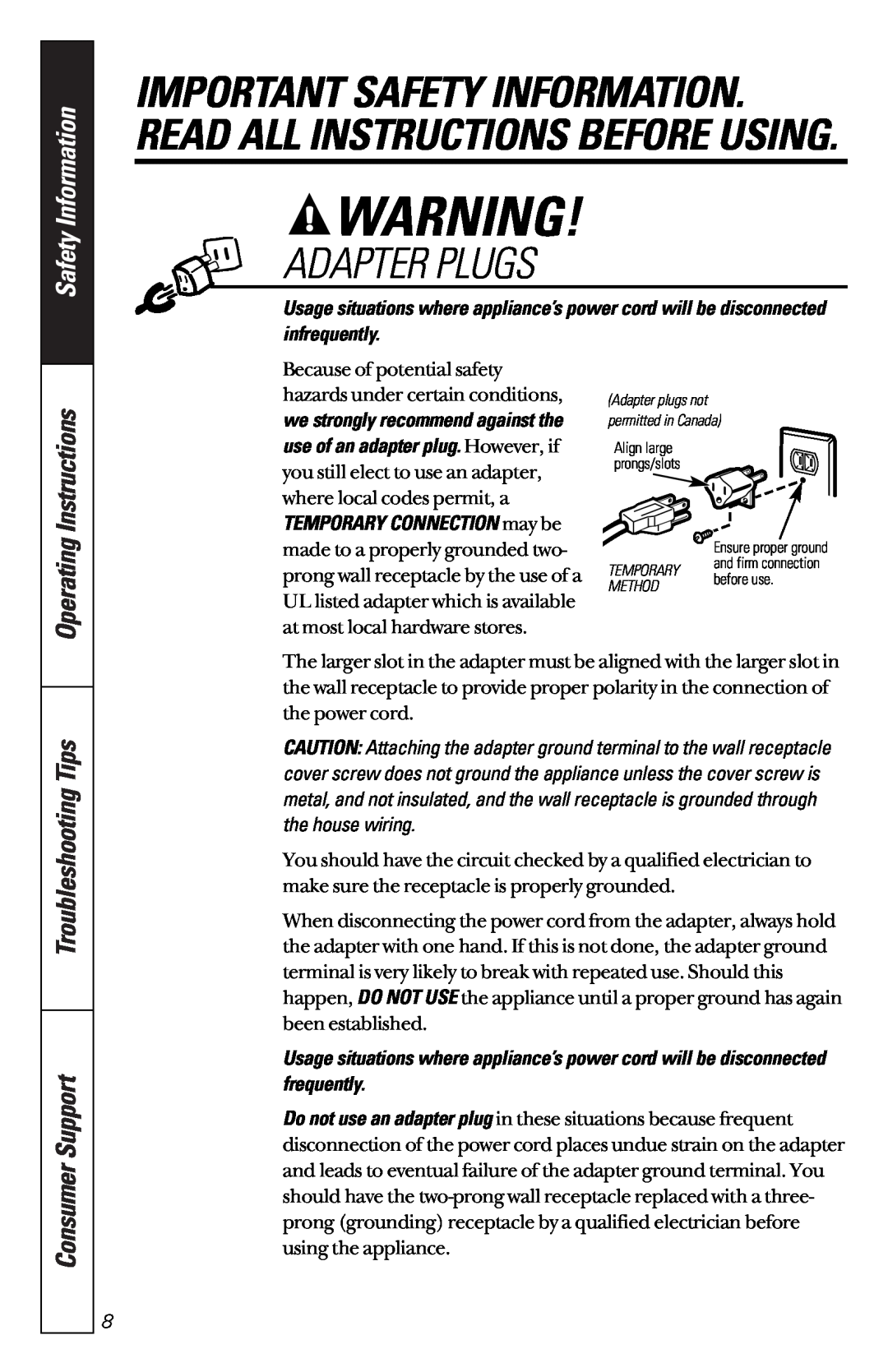 GE JES1133WD Adapter Plugs, Important Safety Information. Read All Instructions Before Using, Operating Instructions 