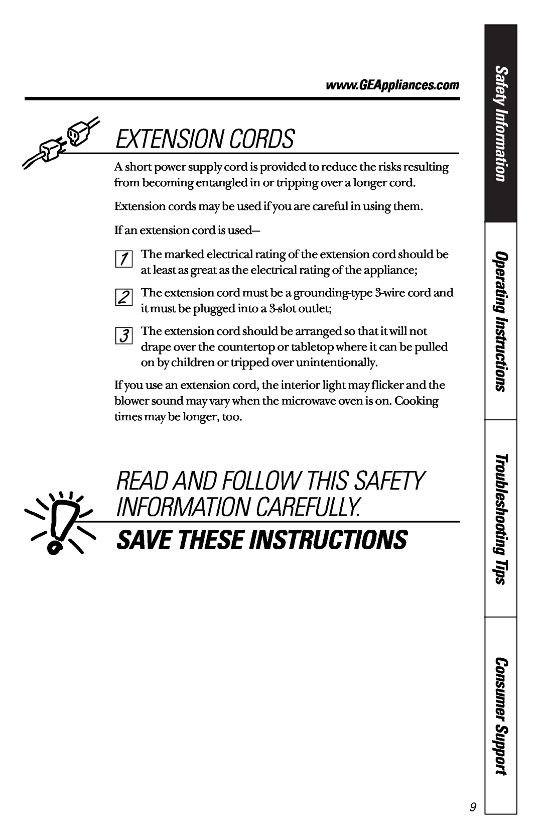 GE JES1133WD owner manual Extension Cords, Save These Instructions, Read And Follow This Safety Information Carefully 