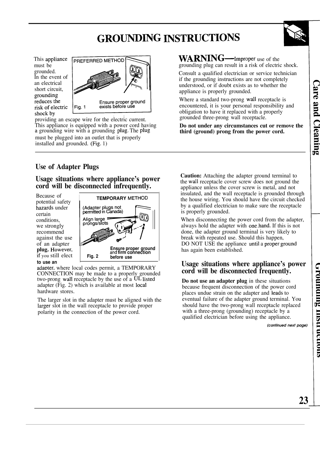 GE JES1133, JES1134 Use of Adapter Plugs, Usage situations where appliance’s power, Cord will be disconnected frequently 