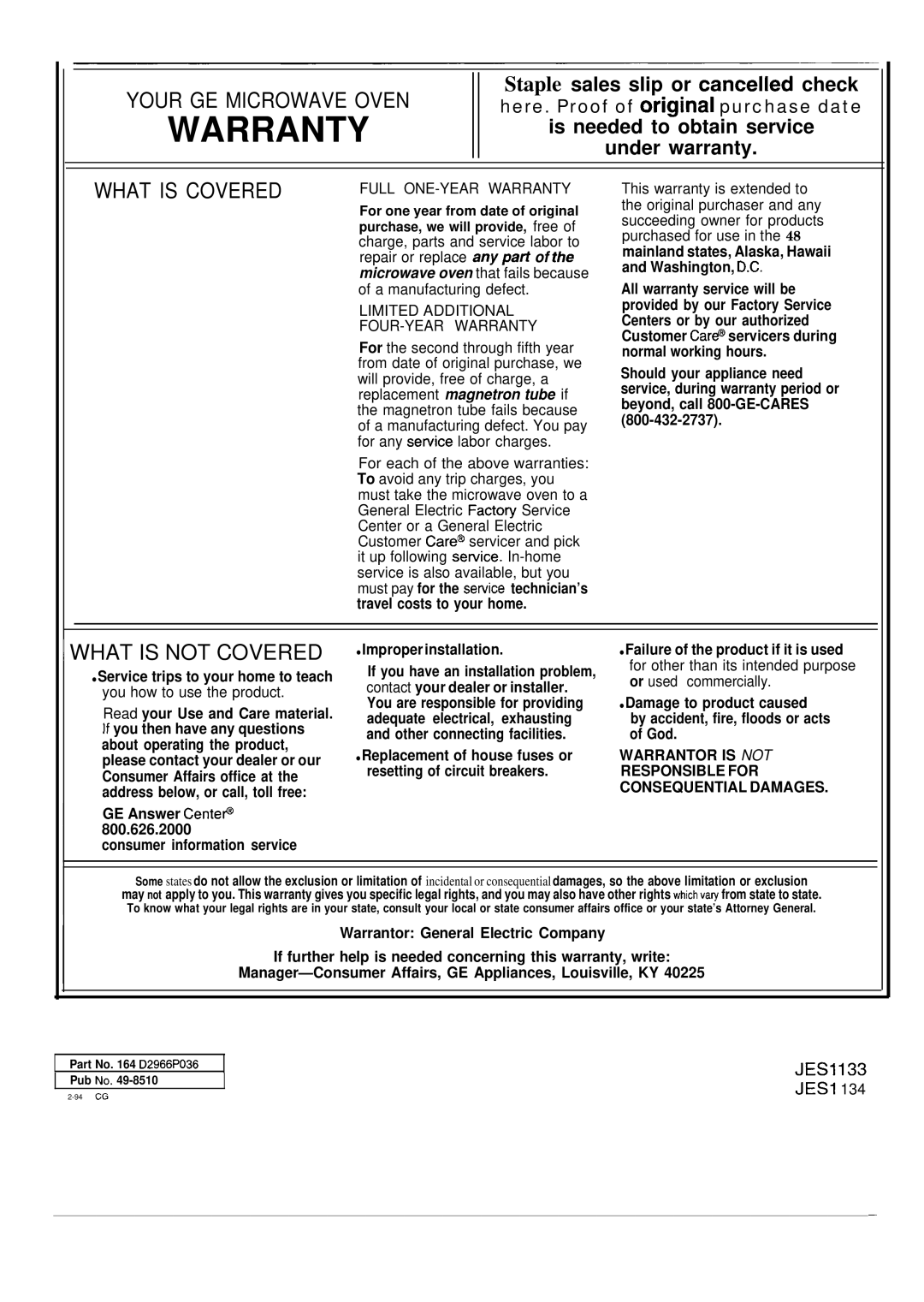 GE JES1134, JES1133 manual Warranty 