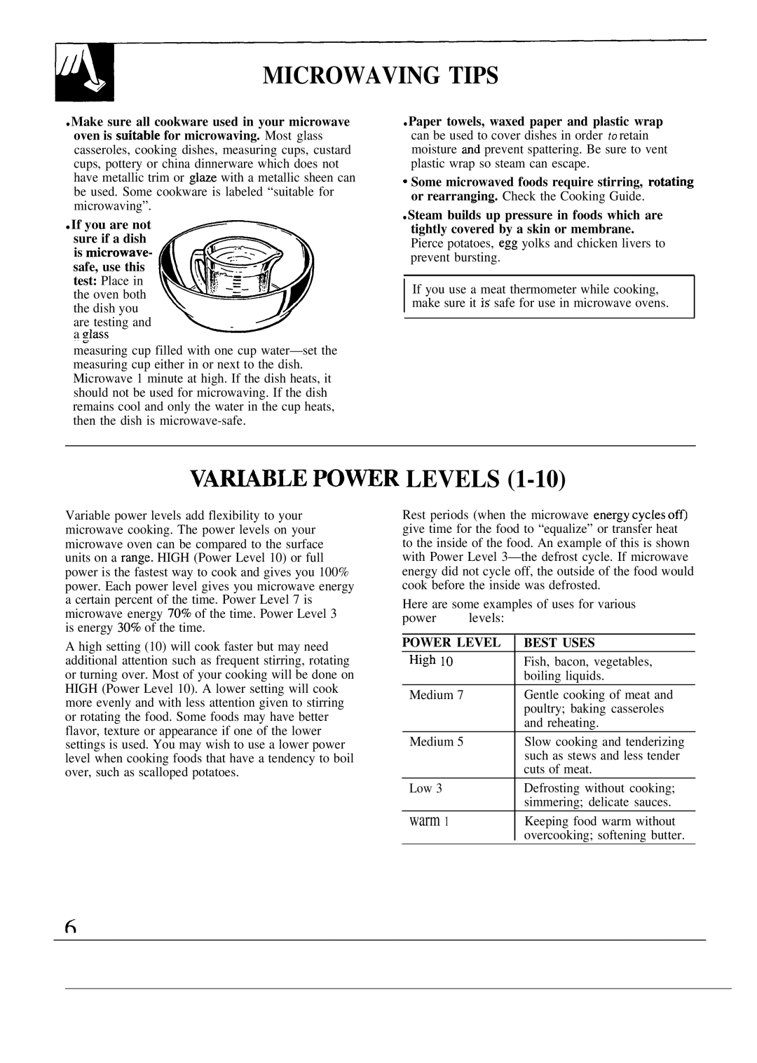 GE JES1134, JES1133 manual Microwaving Tips, VA~BLE PO~R Levels, High 