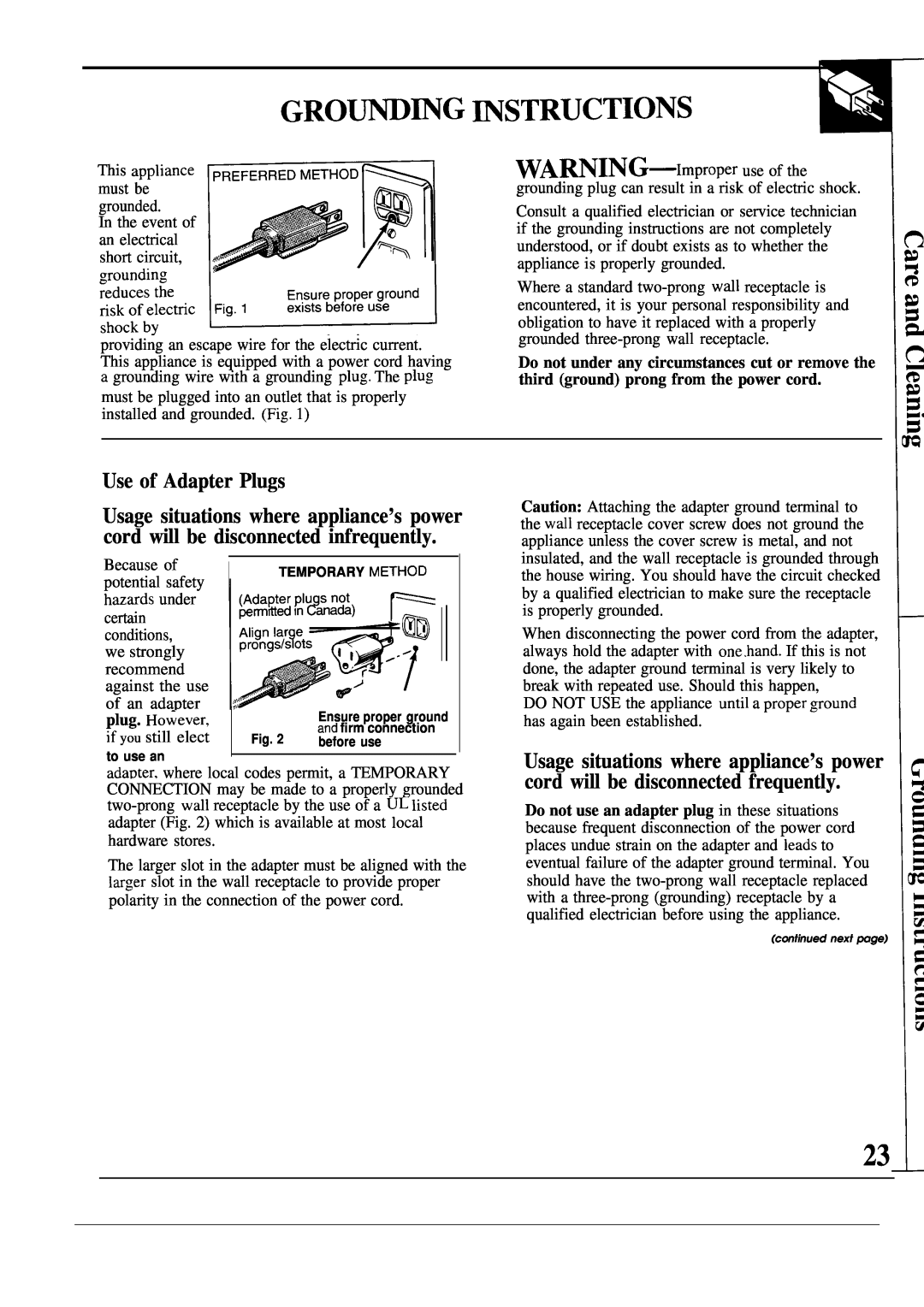 GE JES1133 GRO~mG ~STRUCTIoNs, WA~ING-Improper use of the, Use of Adapter Plugs, Usage situations where appliance’s power 