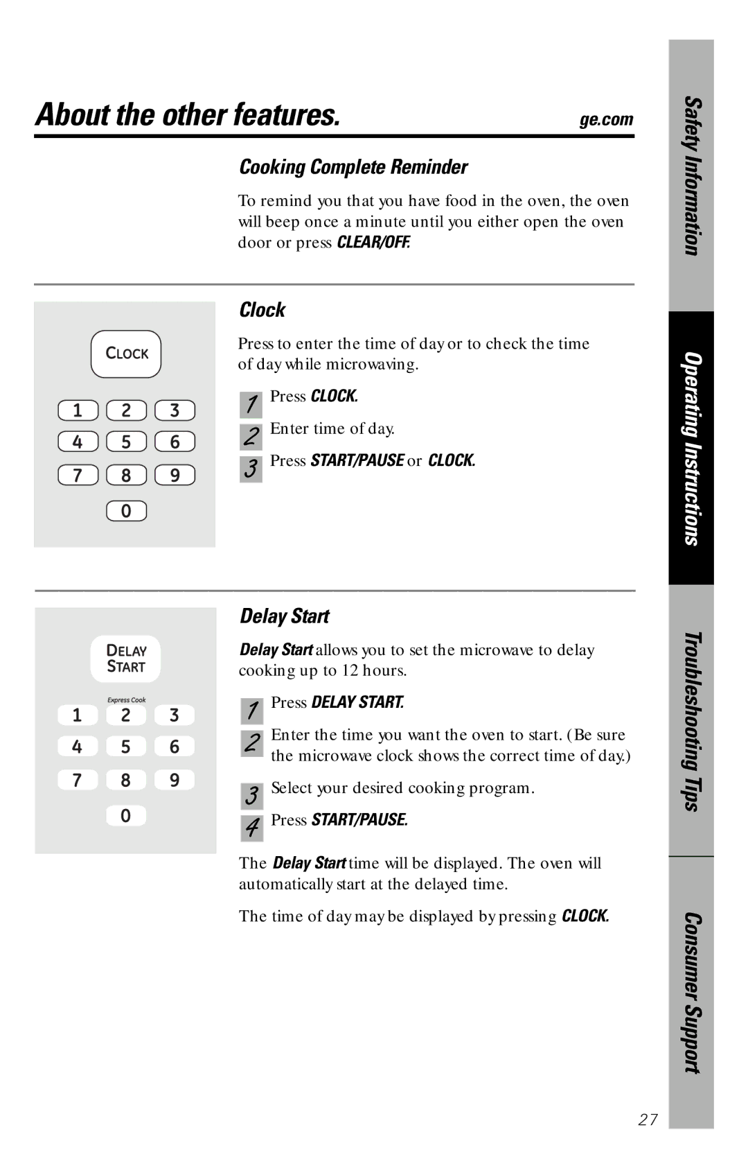 GE JES1136 owner manual About the other features, Cooking Complete Reminder, Clock, Press Delay Start 