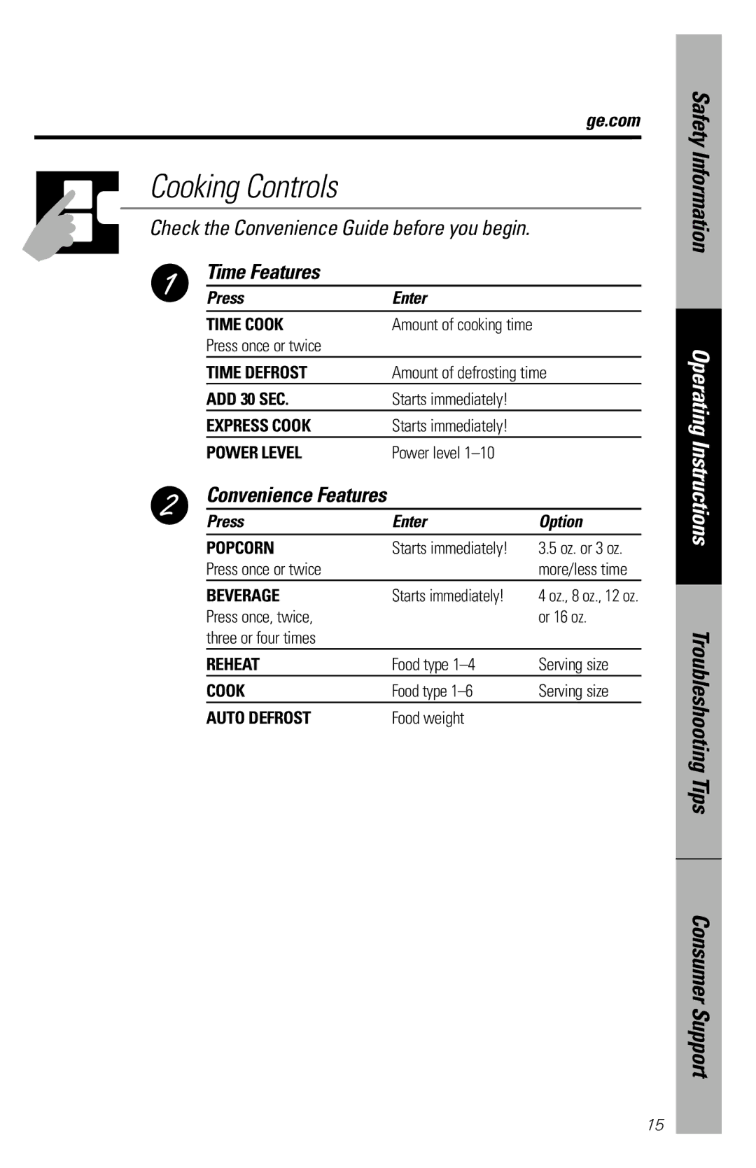 GE JES1136 owner manual Time Features, Convenience Features 