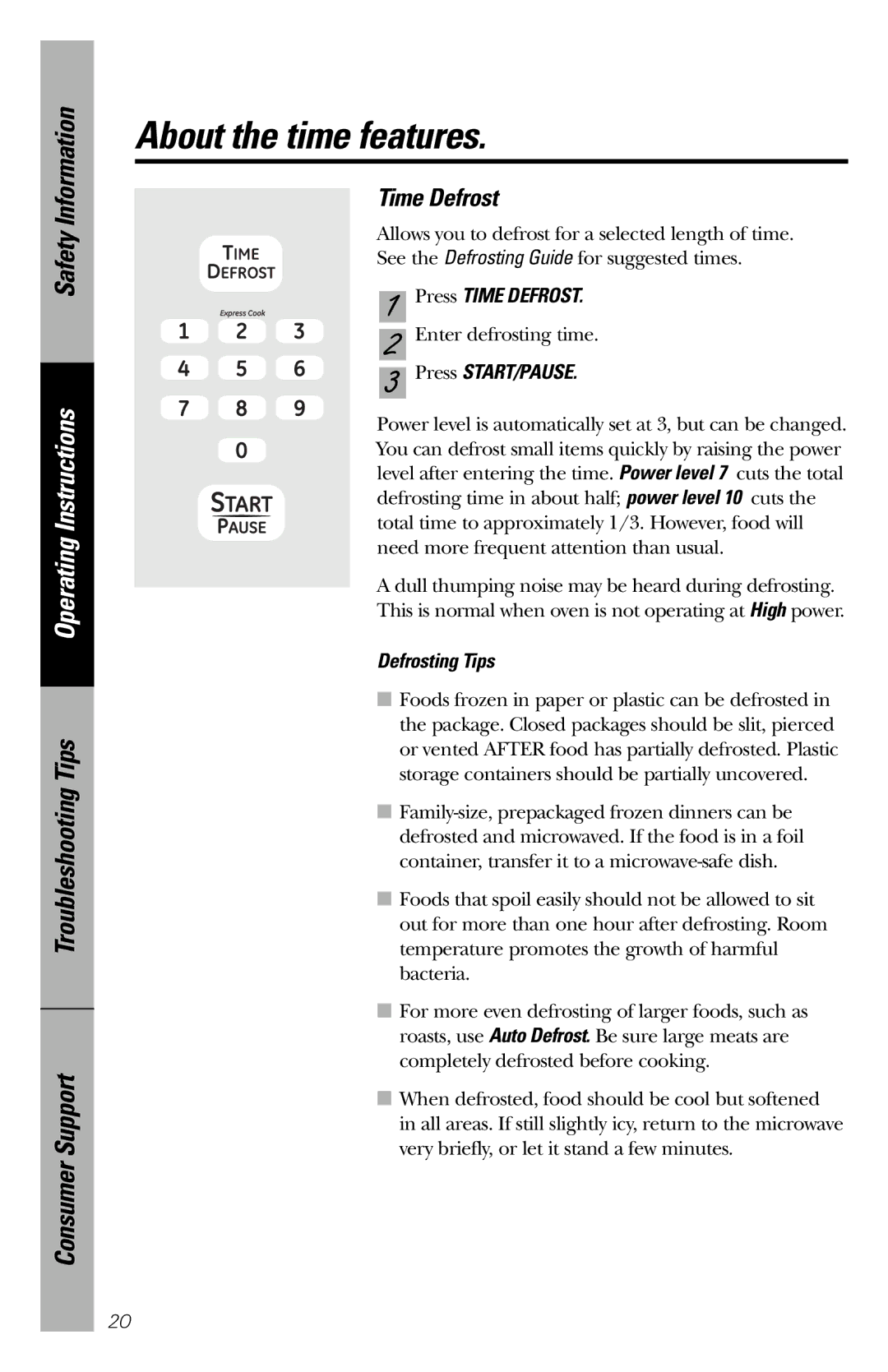 GE JES1136 owner manual Time Defrost, Defrosting Tips 