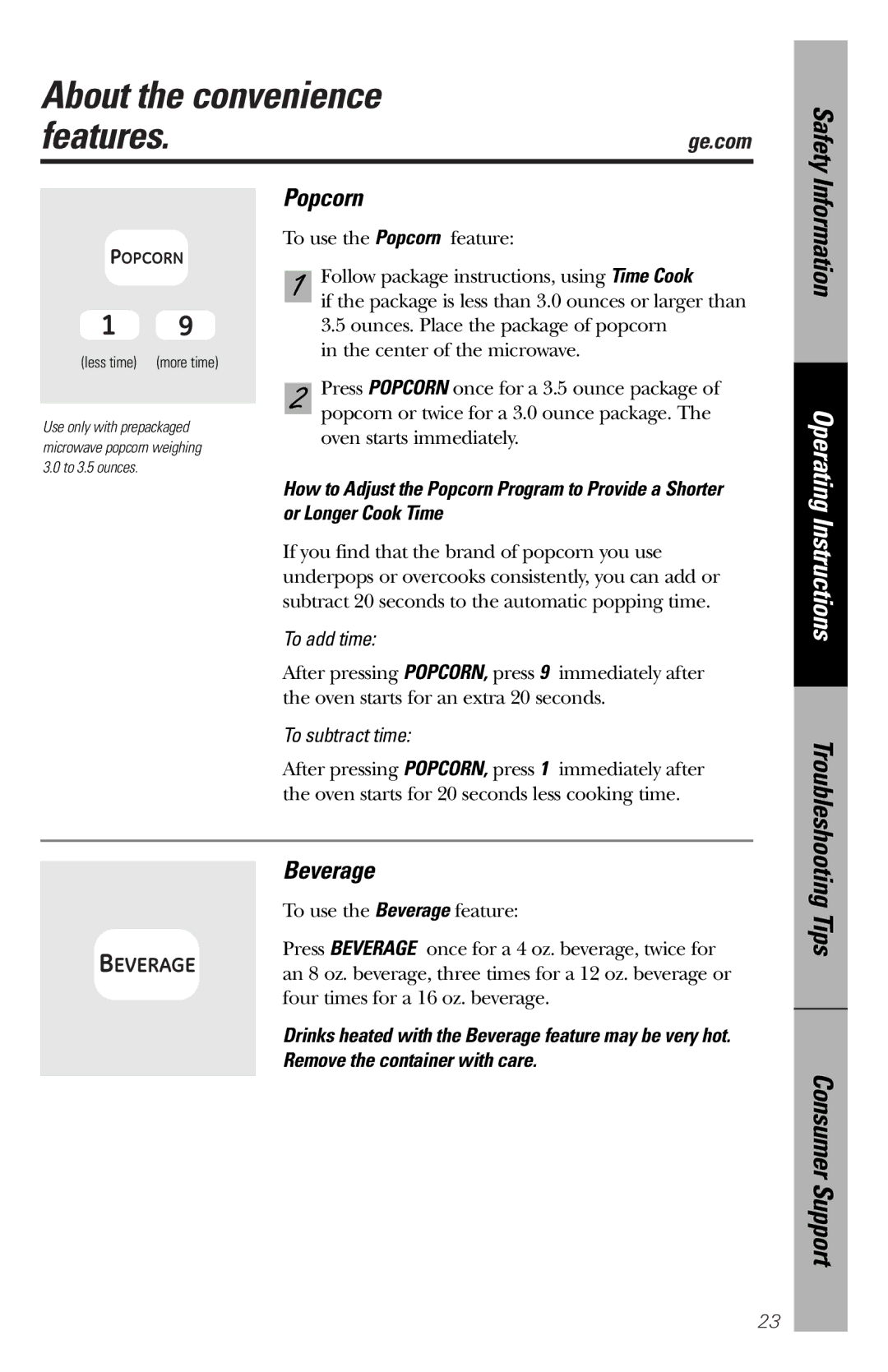 GE JES1136 owner manual About the convenience Features.ge.com, Popcorn, Beverage 