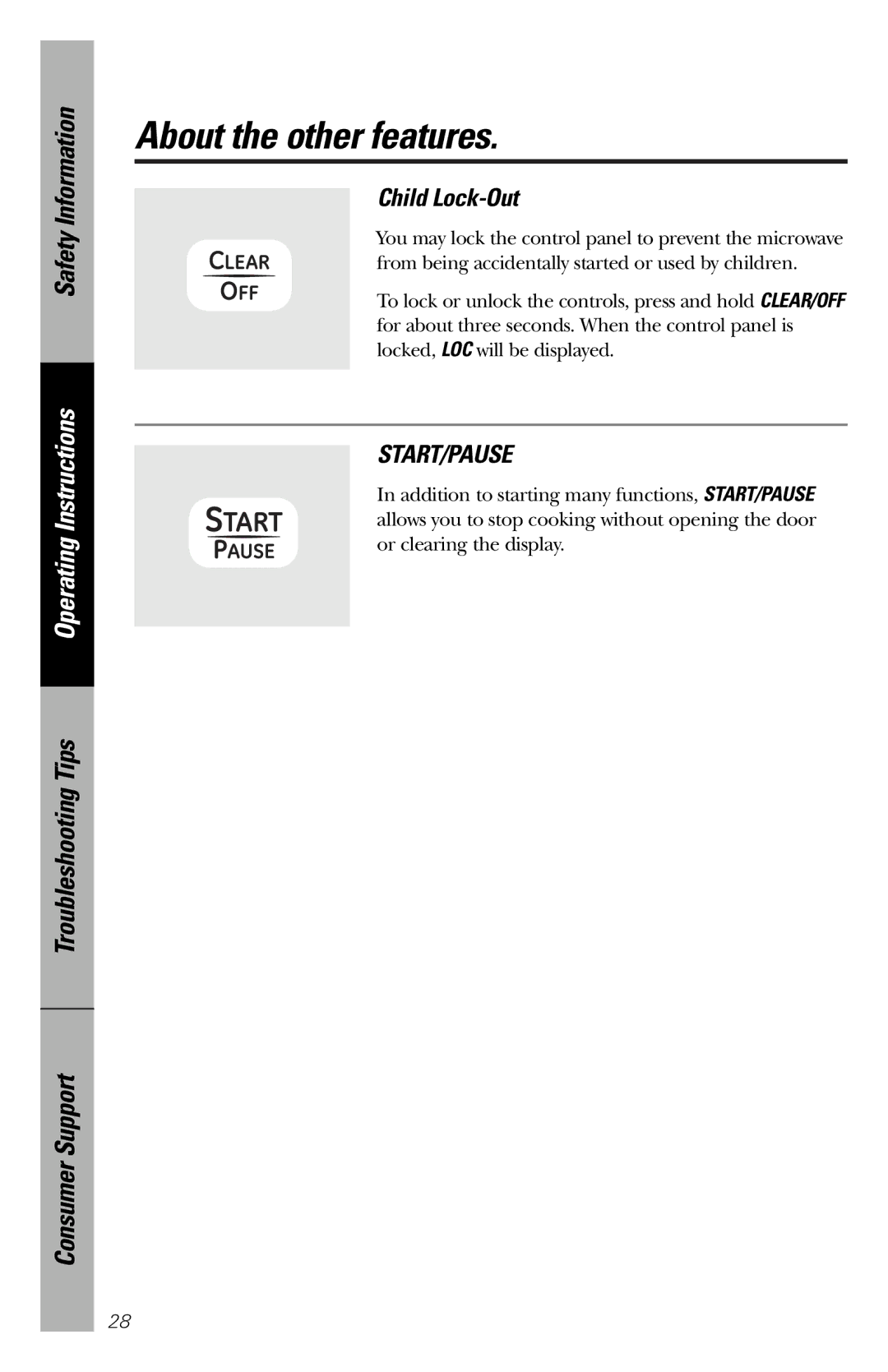 GE JES1136 owner manual Child Lock-Out, Start/Pause 