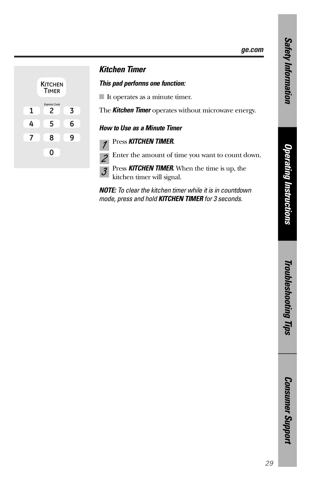 GE JES1136 owner manual This pad performs one function, How to Use as a Minute Timer Press Kitchen Timer 