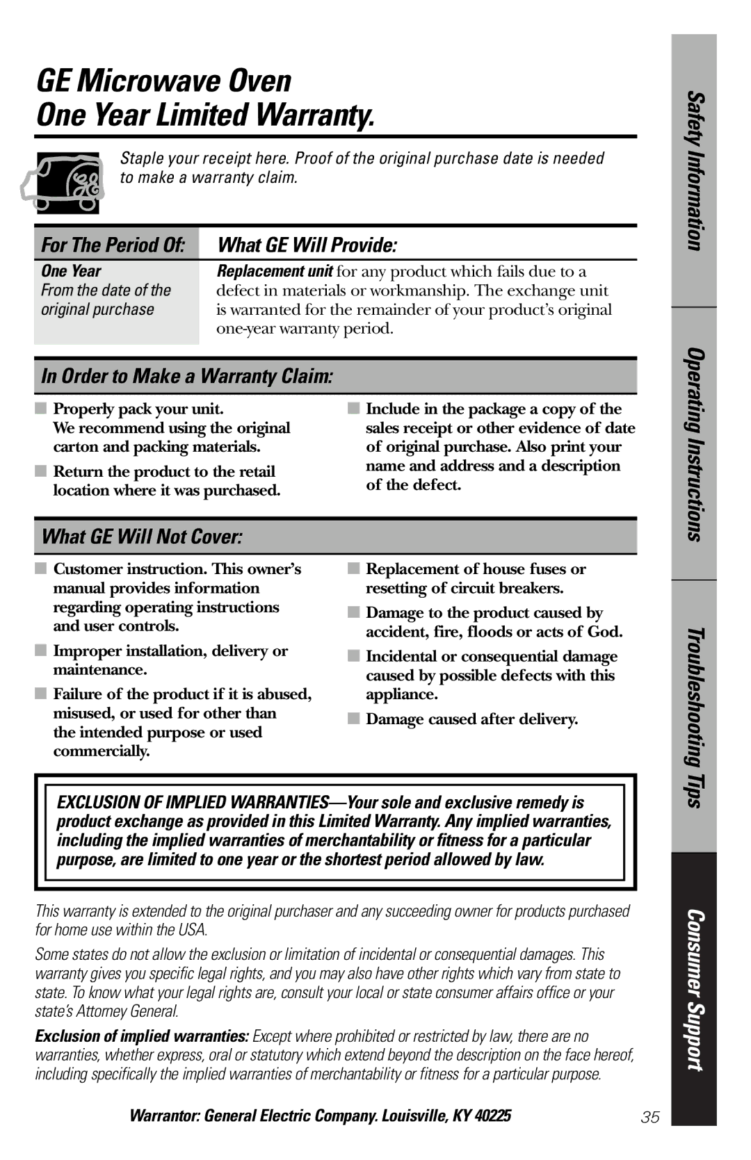GE JES1136 owner manual GE Microwave Oven One Year Limited Warranty, What GE Will Provide, Order to Make a Warranty Claim 