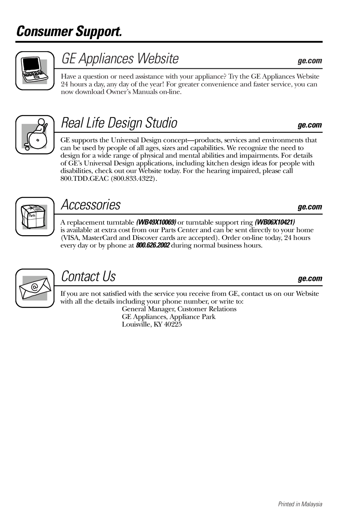 GE JES1136 owner manual Consumer Support GE Appliances Website, Real Life Design Studio, Accessories, Contact Us 