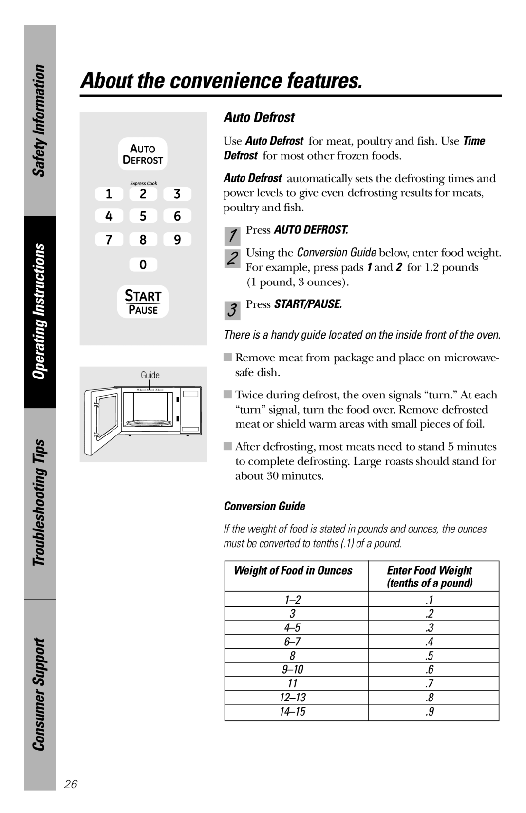 GE JES1136 owner manual Auto Defrost, About the convenience features, Safety Information, Operating Instructions 