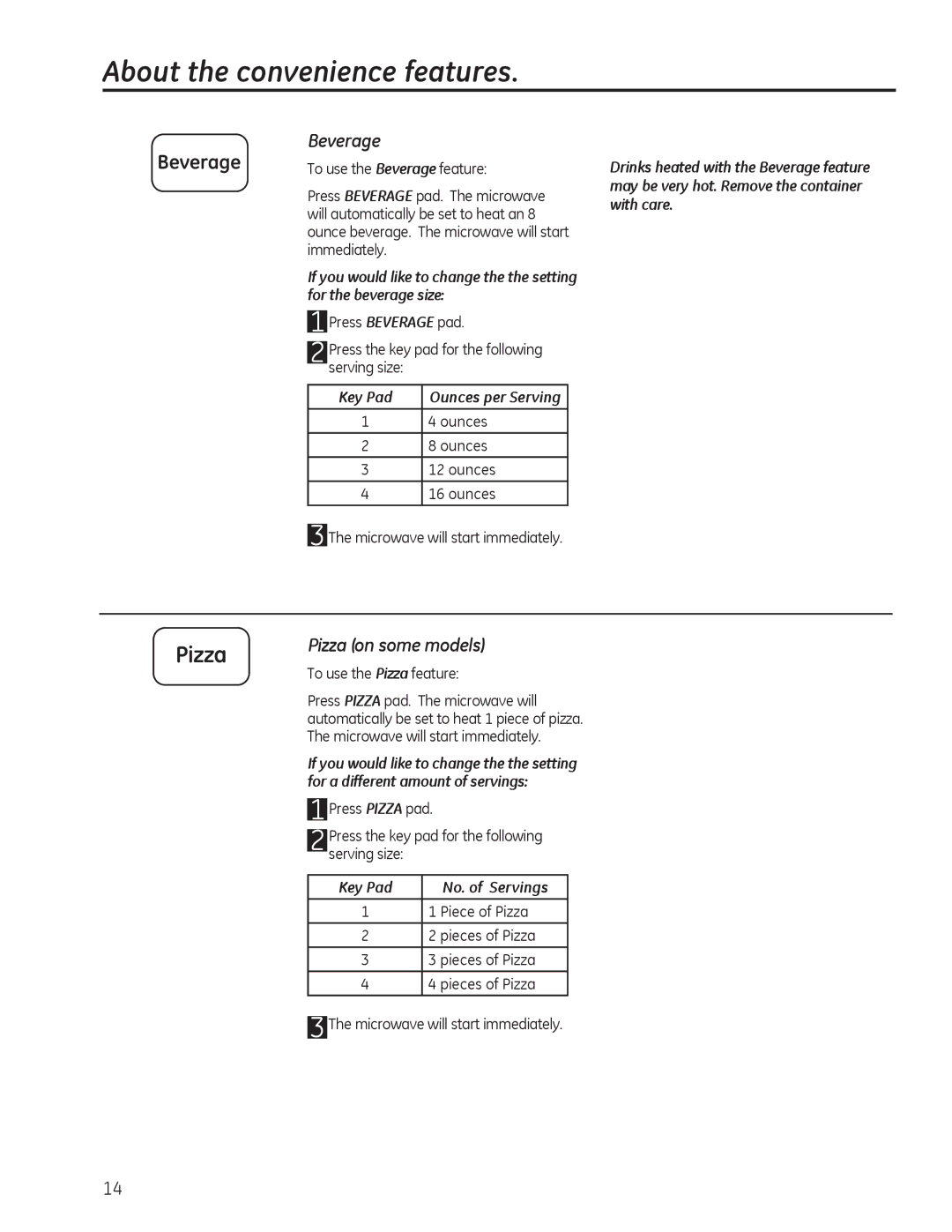 GE JES1142, JES1140 owner manual Beverage, Pizza on some models, Key Pad No. of Servings 