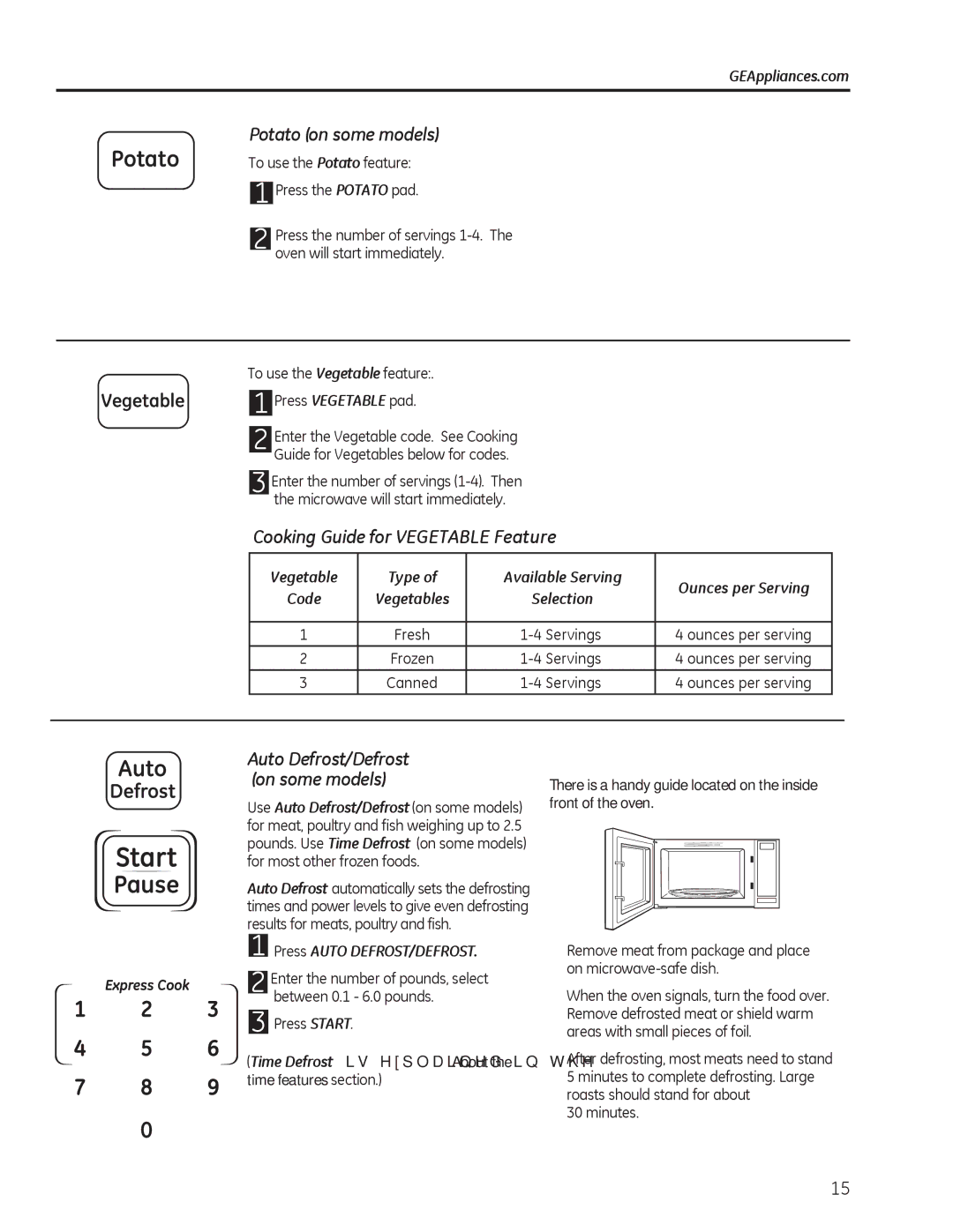 GE JES1140 Pause, Potato on some models, Cooking Guide for Vegetable Feature, Express Cook, Press Auto DEFROST/DEFROST 