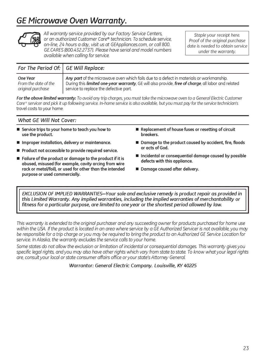 GE JES1140, JES1142 owner manual GE Microwave Oven Warranty, GE Will Replace, What GE Will Not Cover 