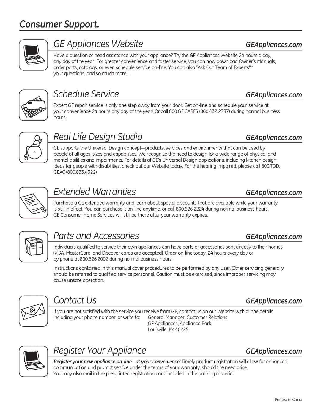 GE JES1142, JES1140 Consumer Support GE Appliances Website, Schedule Service, Real Life Design Studio, Extended Warranties 