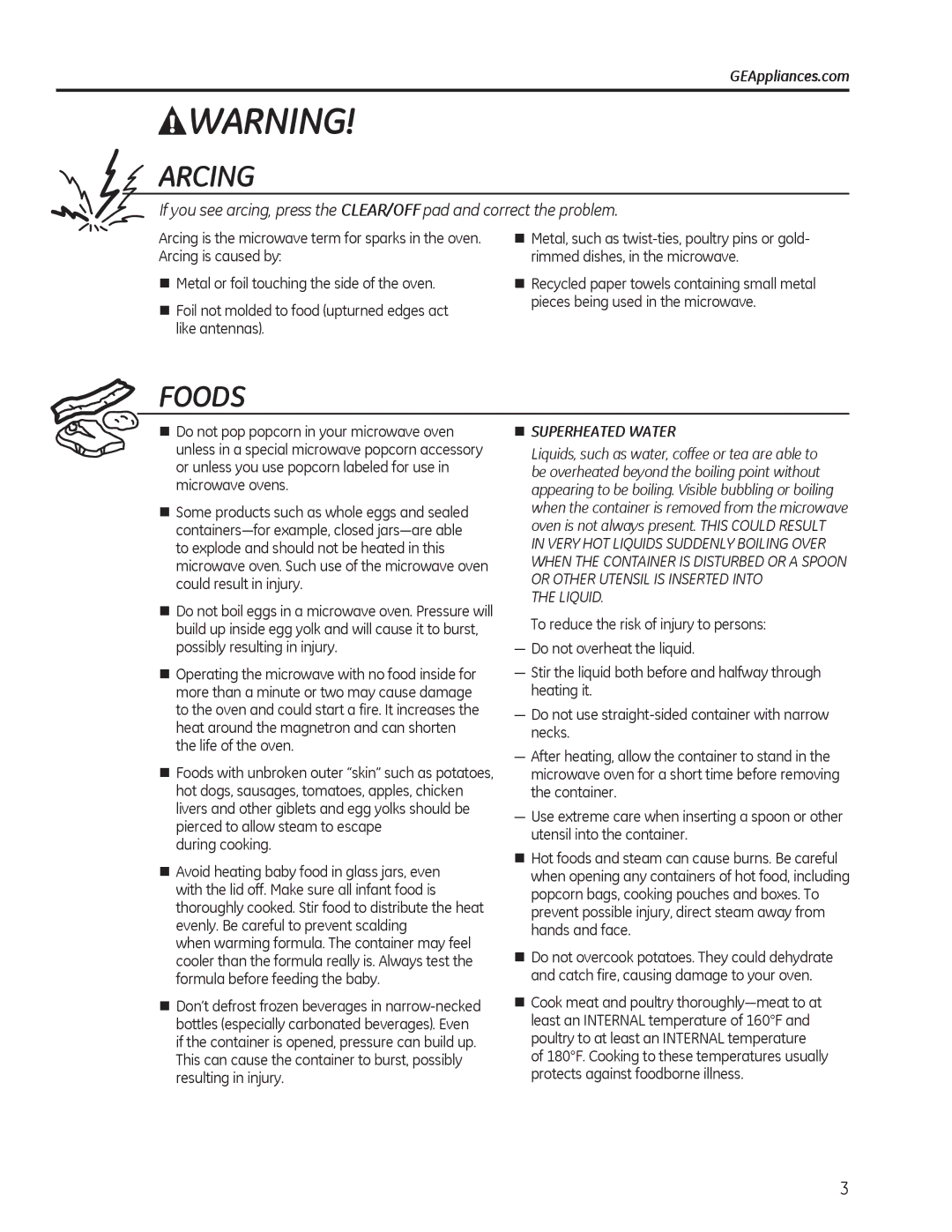 GE JES1140, JES1142 owner manual Arcing, Foods, GEAppliances.com, During cooking 