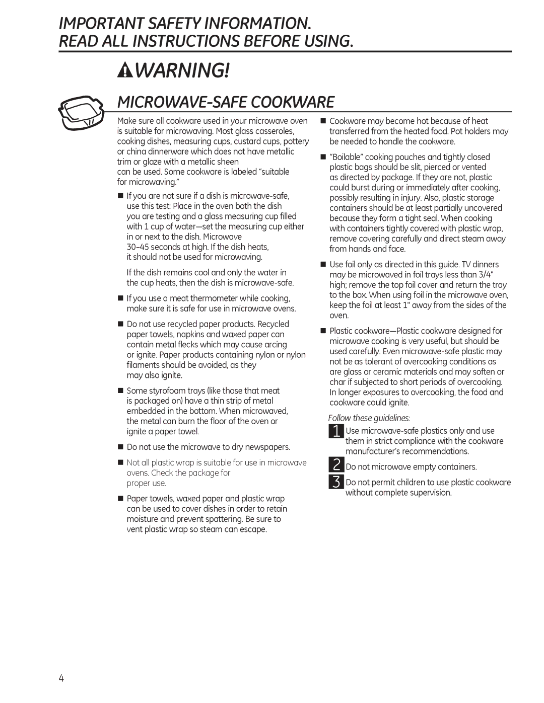 GE JES1142, JES1140 owner manual MICROWAVE-SAFE Cookware, „ Do not use recycled paper products. Recycled 