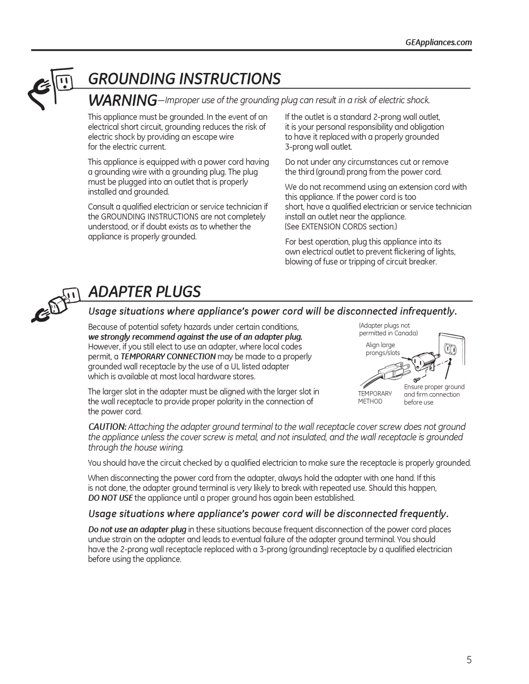 GE JES1140, JES1142 Grounding Instructions, Adapter Plugs, We strongly recommend against the use of an adapter plug 