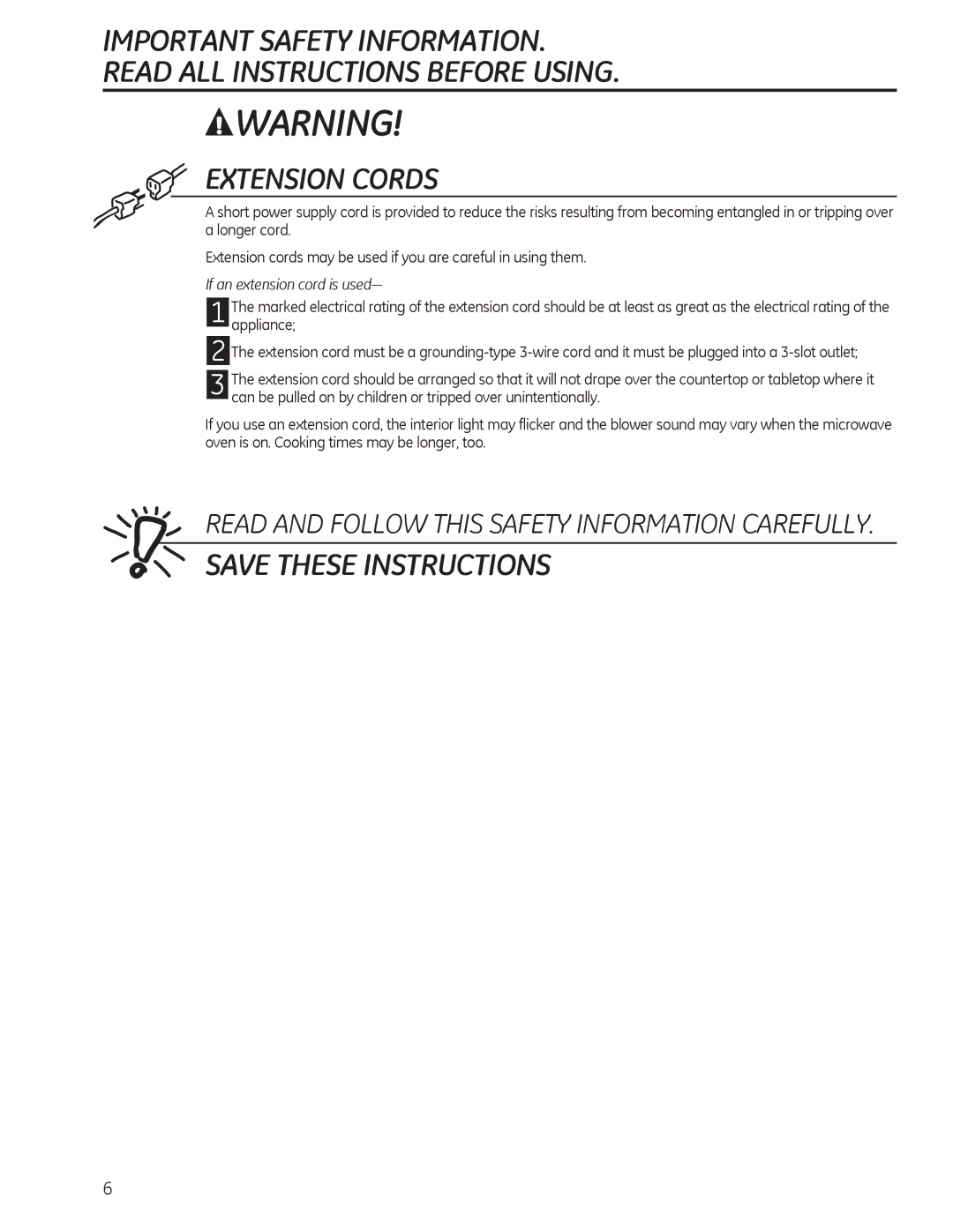 GE JES1142, JES1140 owner manual Extension Cords, DQHWHQVLRQFRUGLVXVHG³ 