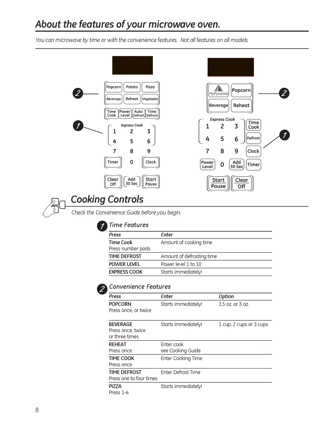 GE JES1142, JES1140 owner manual Cooking Controls, Time Features, Convenience Features 