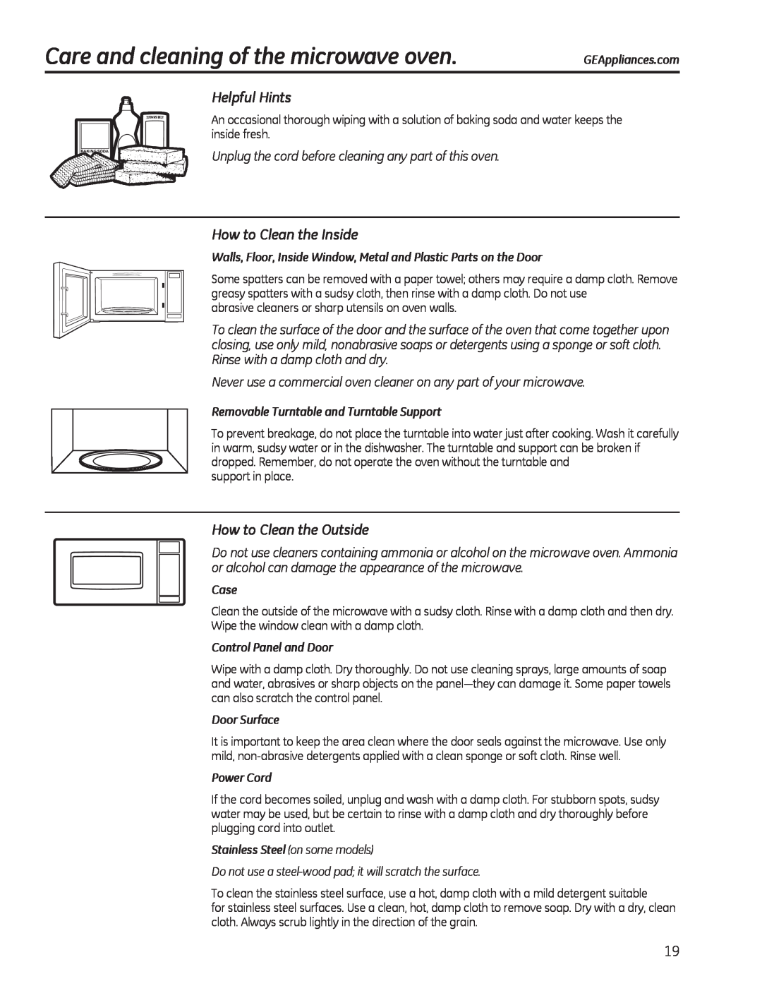 GE JES1140 Care and cleaning of the microwave oven, Helpful Hints, How to Clean the Inside, How to Clean the Outside 