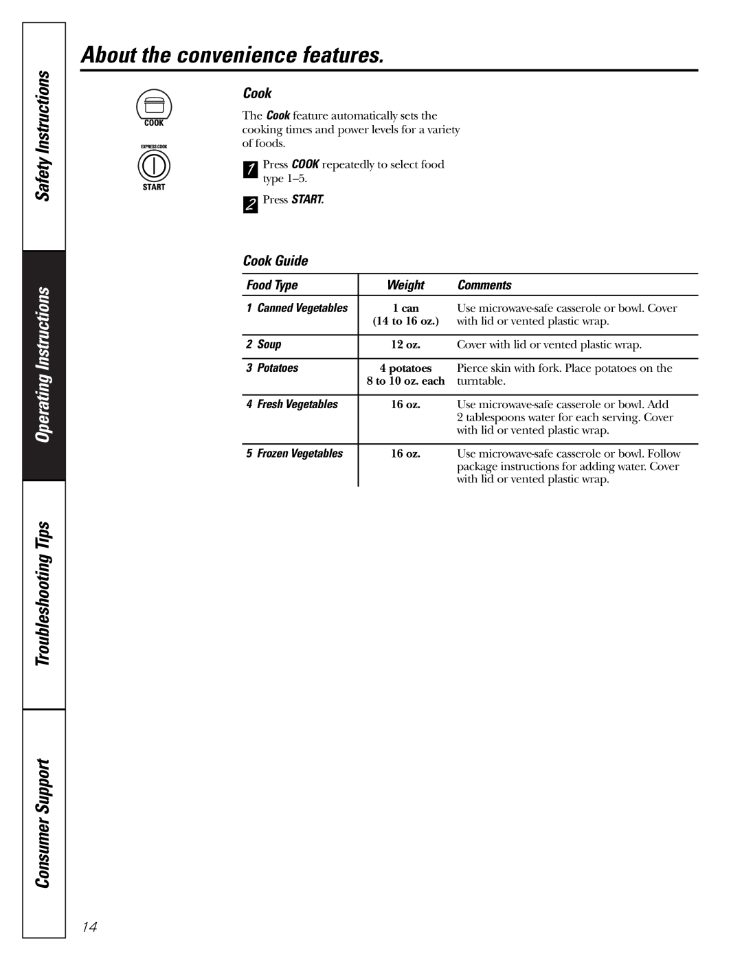 GE JES1142 owner manual Cook Guide, Soup, Fresh Vegetables 