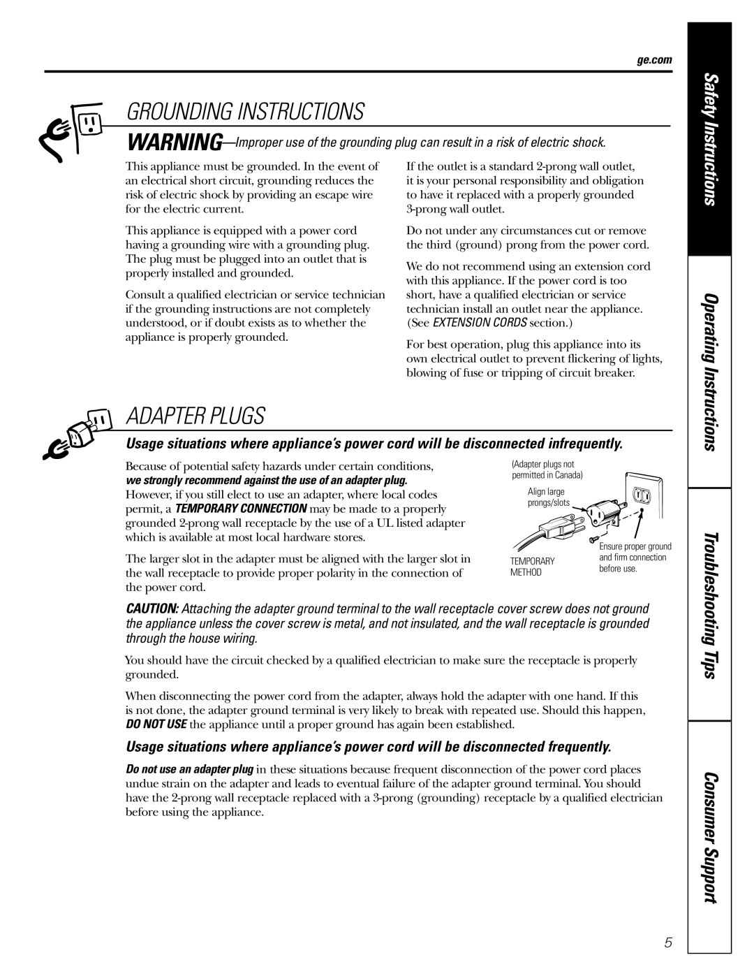 GE JES1142 owner manual Grounding Instructions, Adapter Plugs, We strongly recommend against the use of an adapter plug 