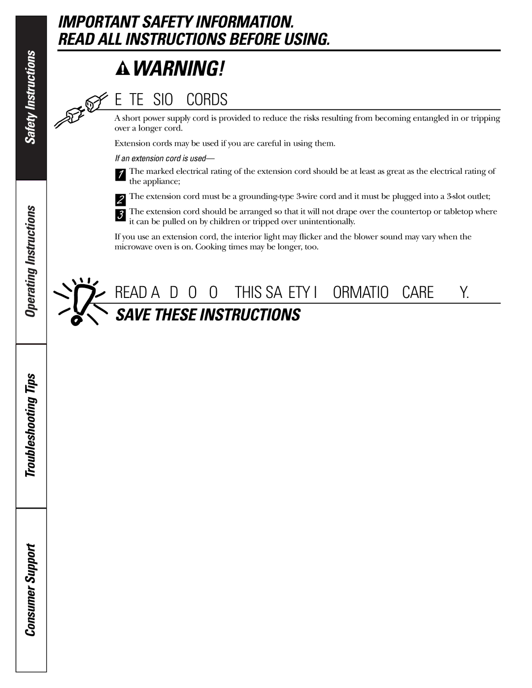 GE JES1142 owner manual Extension Cords, If an extension cord is used 