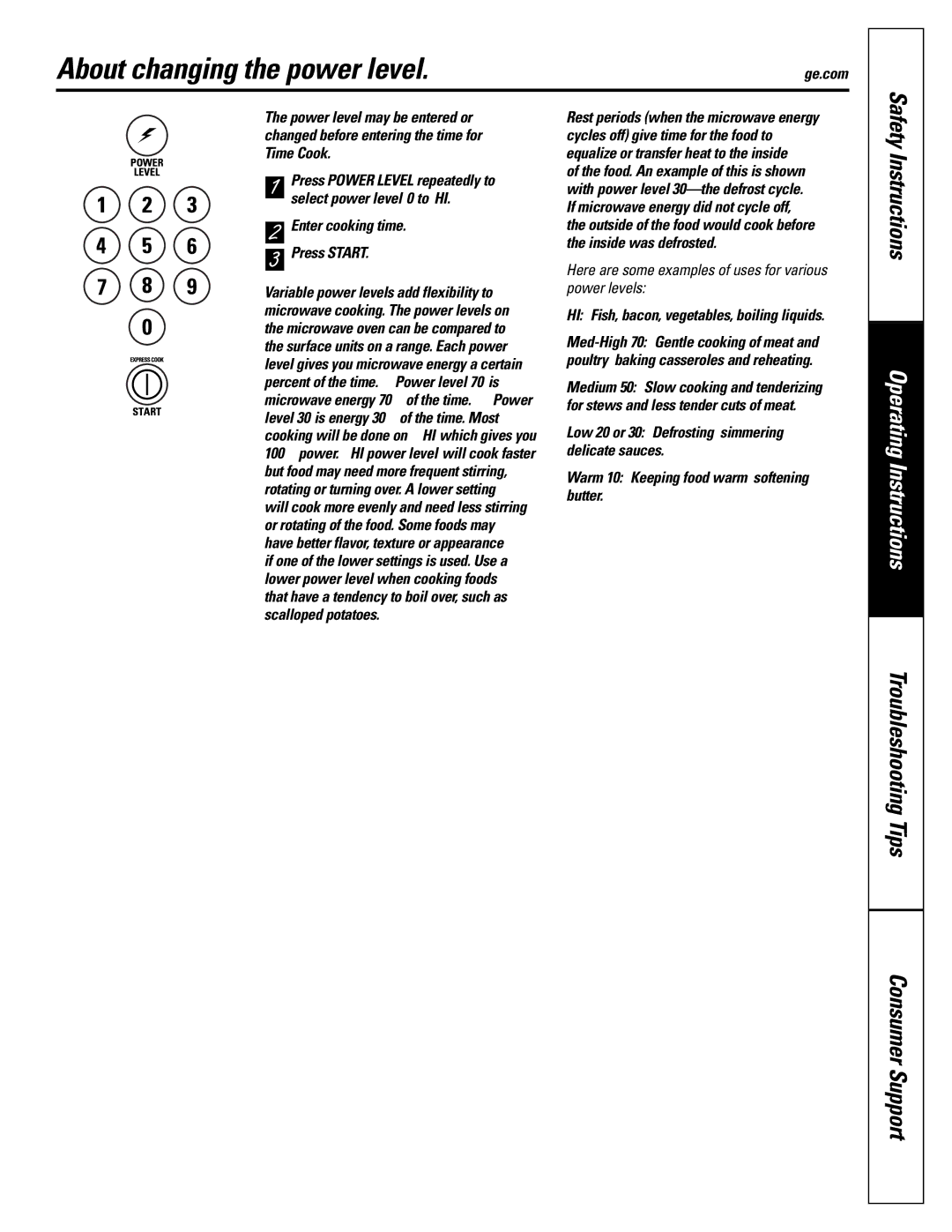 GE JES1142 owner manual About changing the power level, Here are some examples of uses for various power levels 