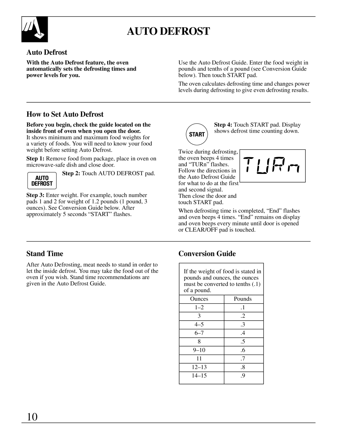 GE JES1143 warranty How to Set Auto Defrost, Stand Time, Conversion Guide 