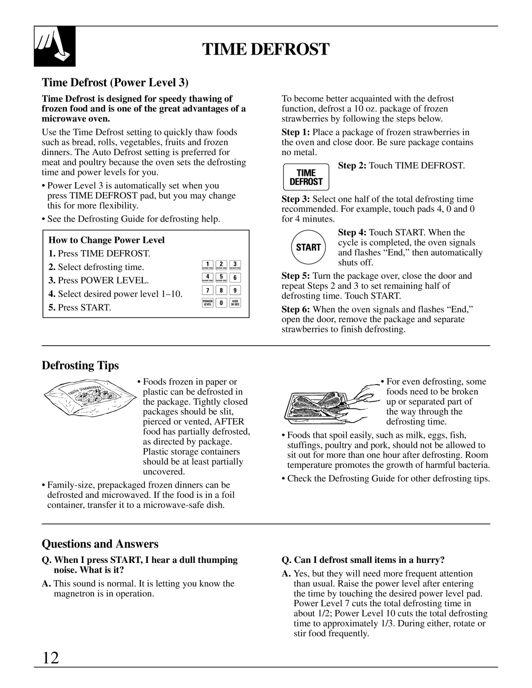 GE JES1143 warranty Time Defrost Power Level, Defrosting Tips, Questions and Answers 