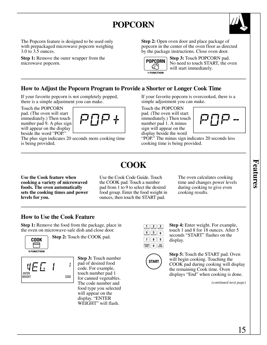 GE JES1143 warranty Popcorn, How to Use the Cook Feature 