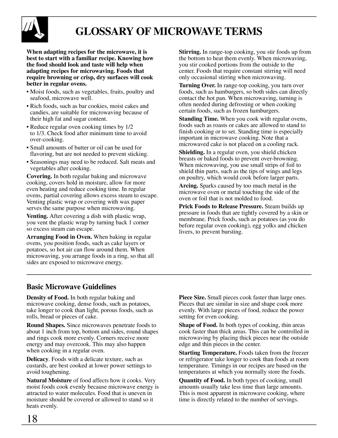 GE JES1143 warranty Glossary of Microwave Terms, Basic Microwave Guidelines 