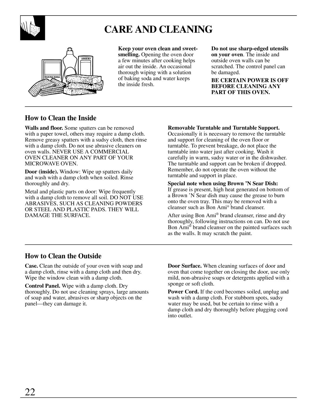 GE JES1143 warranty Care and Cleaning, How to Clean the Inside, How to Clean the Outside 