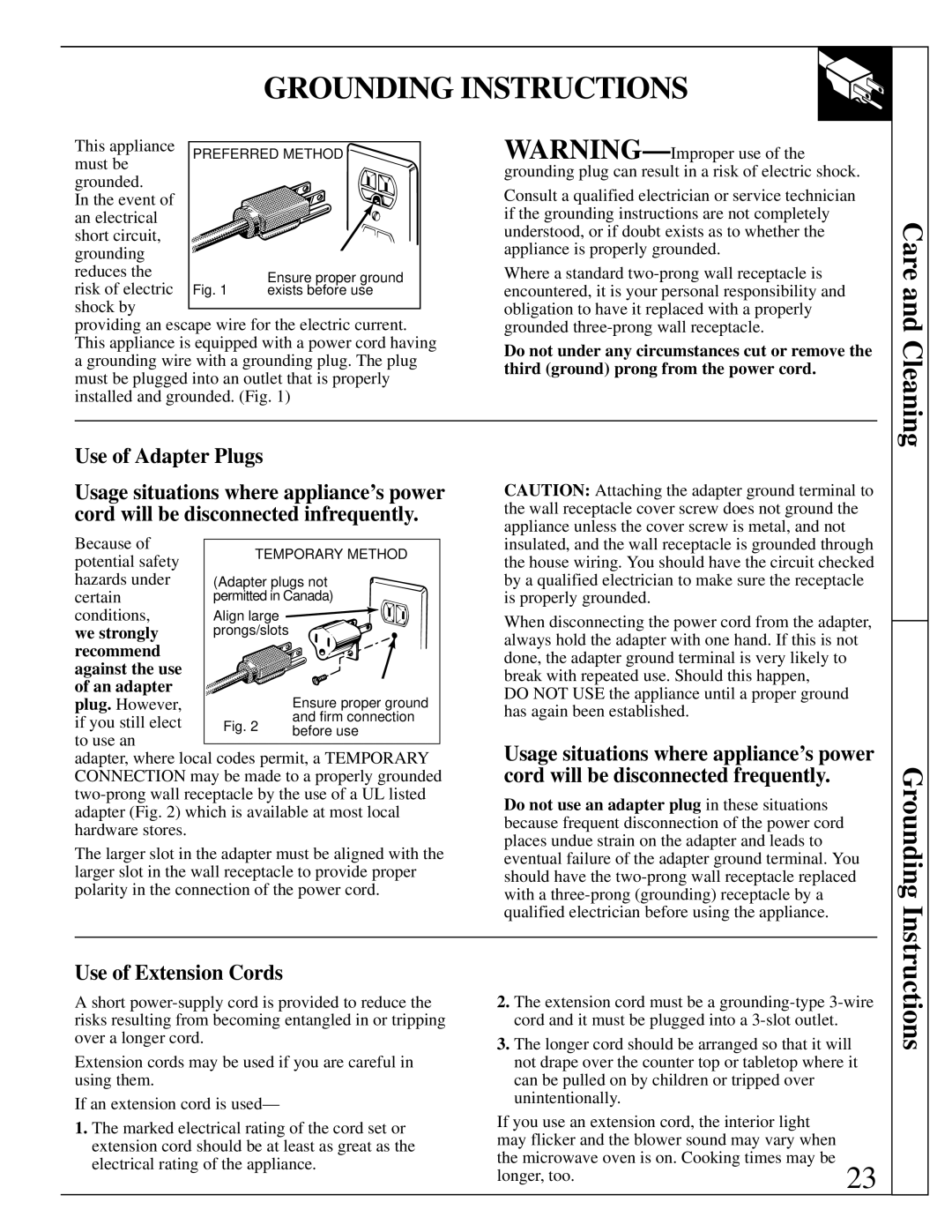 GE JES1143 warranty Grounding Instructions, Use of Adapter Plugs, Use of Extension Cords 