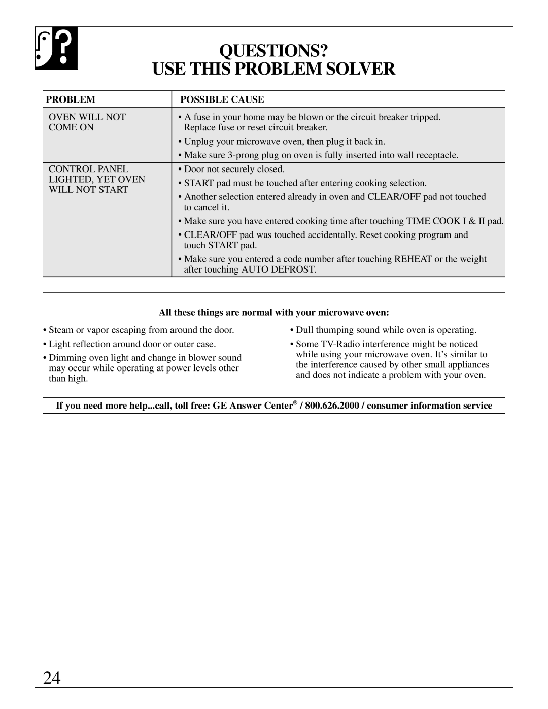 GE JES1143 warranty QUESTIONS? USE this Problem Solver, All these things are normal with your microwave oven 