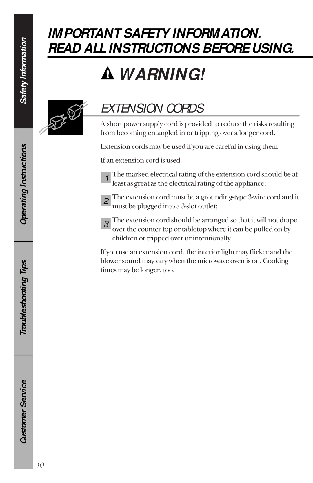 GE JES1144WY owner manual Extension Cords 