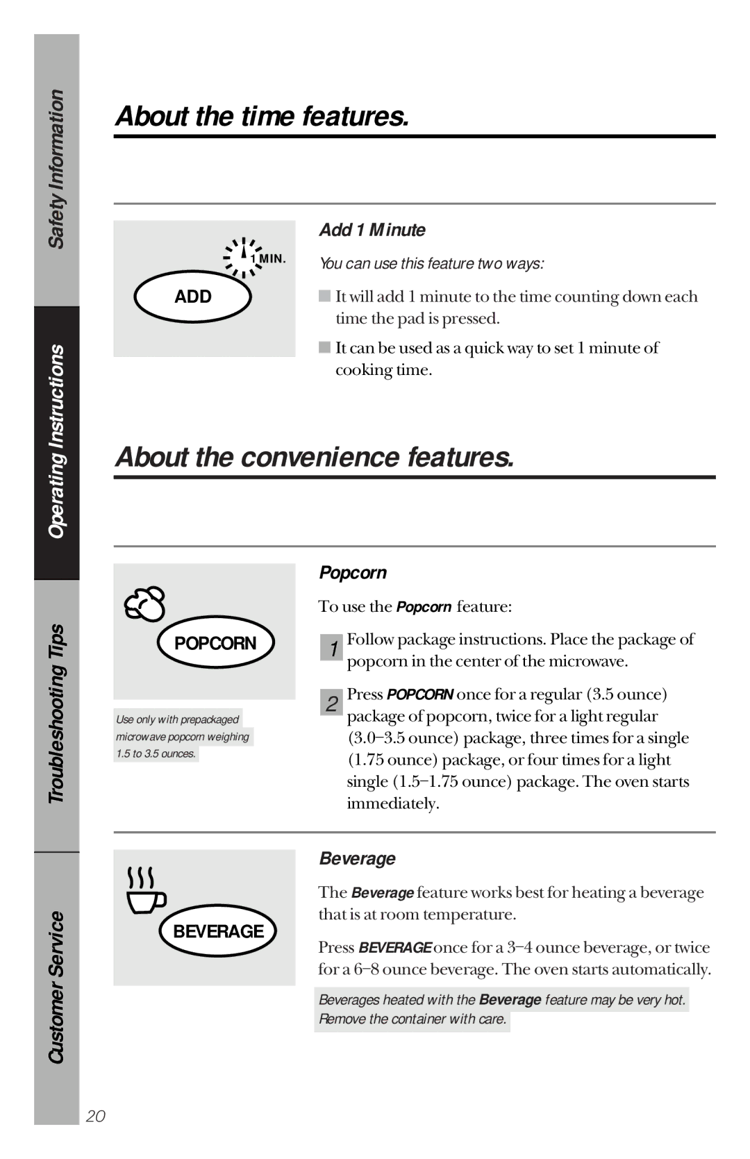 GE JES1144WY owner manual About the convenience features, Add 1 Minute, Popcorn, Beverage 