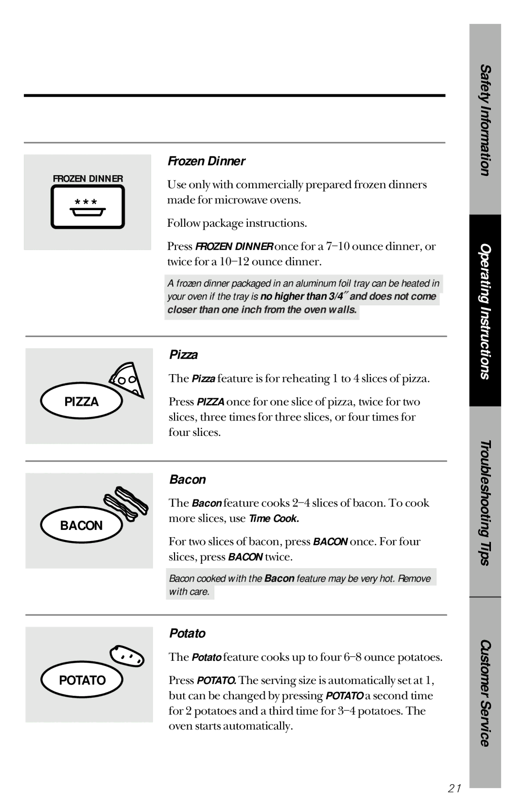 GE JES1144WY owner manual Frozen Dinner, Pizza, Bacon, Potato, Troubleshooting 