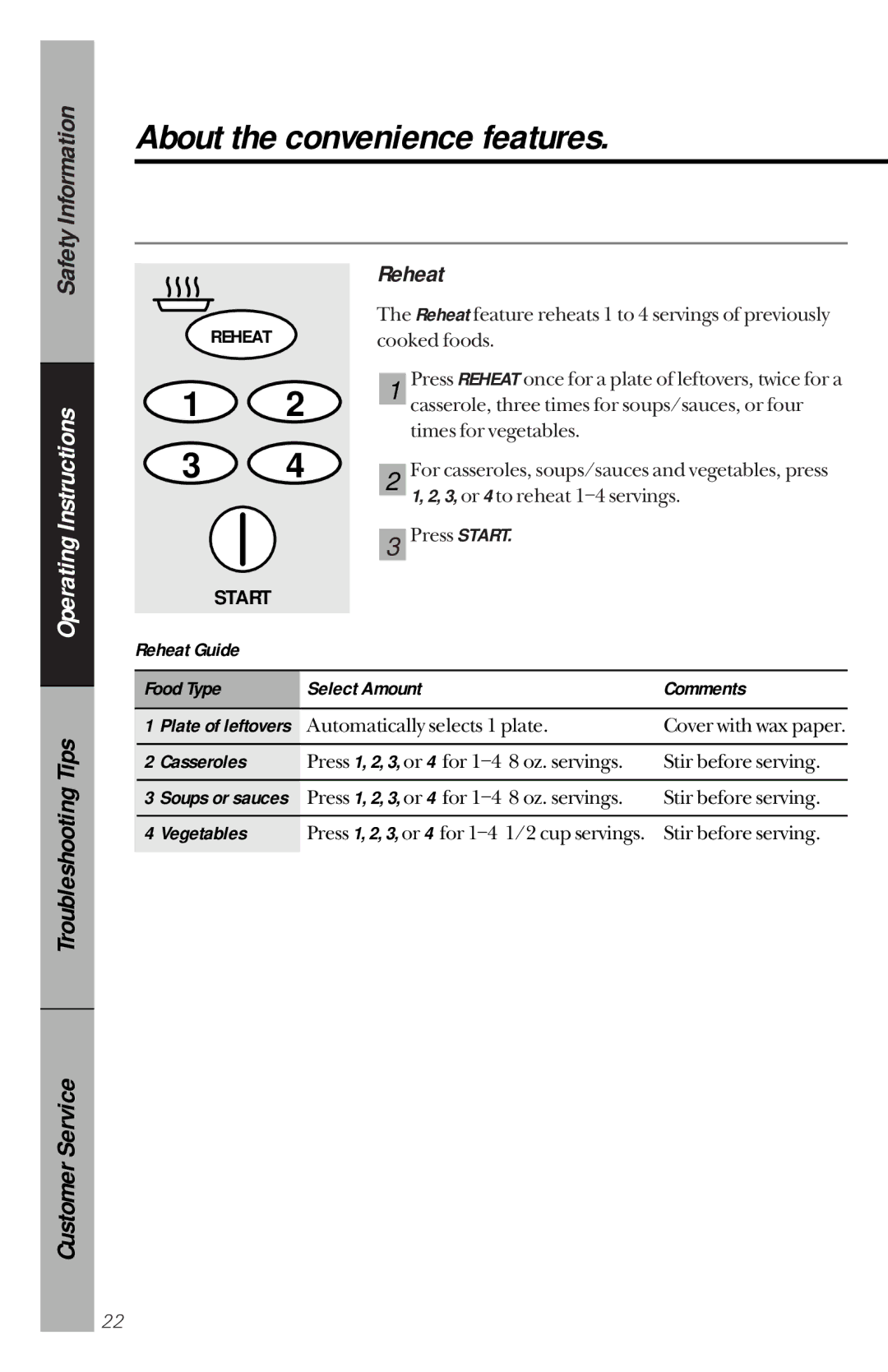 GE JES1144WY owner manual Reheat Guide Food Type, Comments, Casseroles 