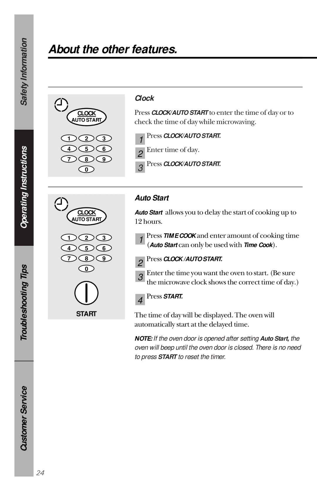 GE JES1144WY owner manual About the other features, Auto Start, Press CLOCK/AUTO Start, Press Clock /AUTO Start 